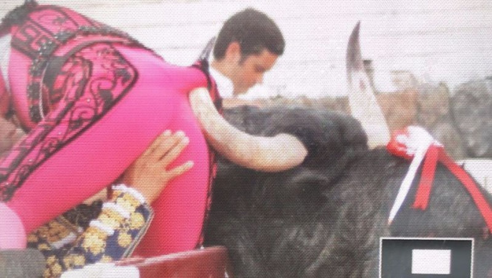 Instante en el que el toro prende a Rafael Limón, sujetado por la mano salvadora de El Cid.
