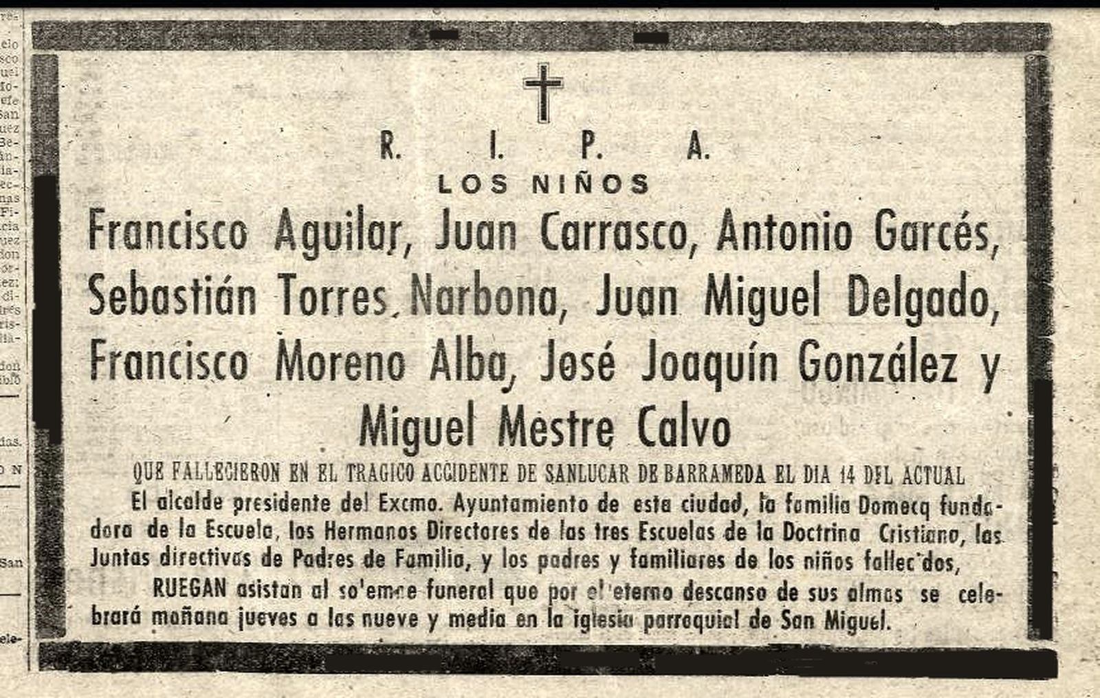 Esquela de los niños fallecidos. Ayer, 20 de junio de 1945.