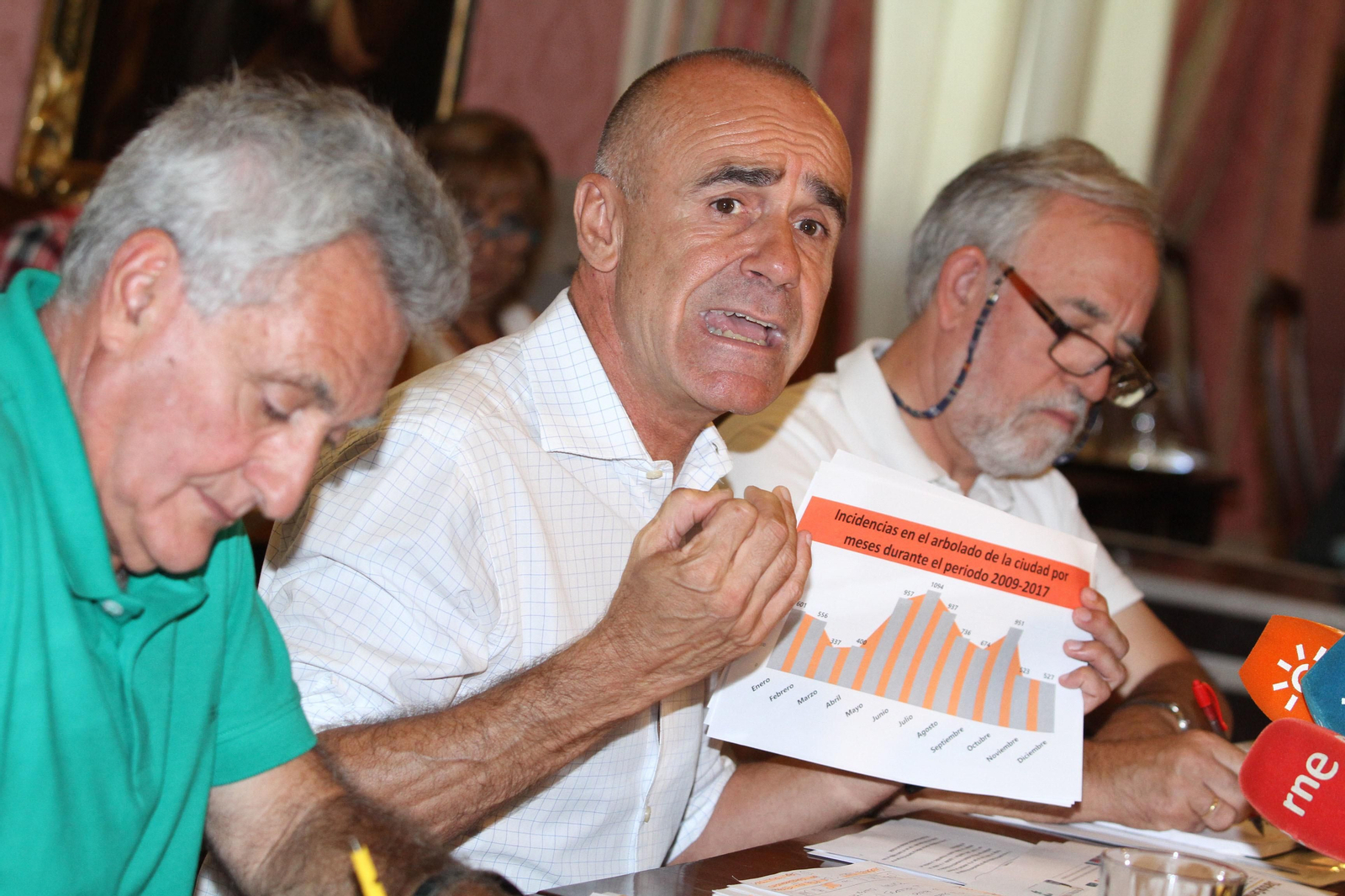 El concejal Antonio Muñoz, acompañado por el catedrático Enrique Figueroa y el director de Parques y Jardines, Adolfo Fernández Palomares.