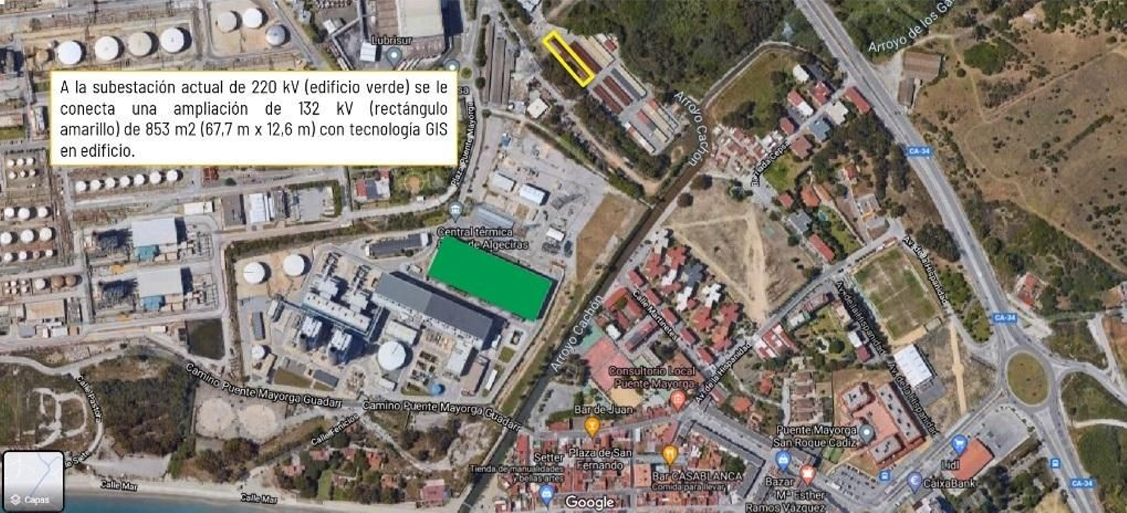 Plano de ubicación de la antigua (en verde) y nueva subestación (en amarillo) de REE en Puente Mayorga