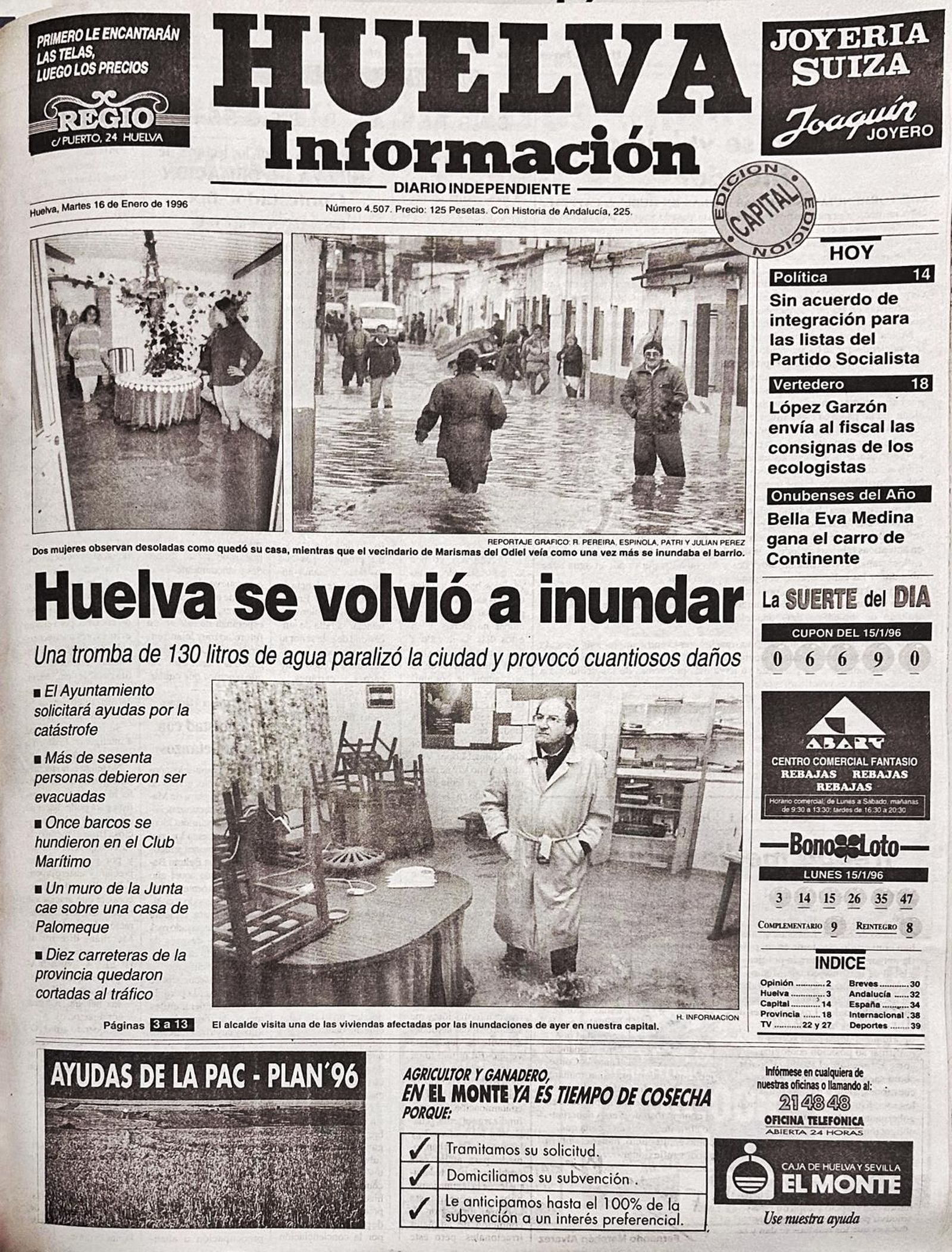 Portada de Huelva Información el 16 de enero de 1996. Portada de Huelva Información el 16 de enero de 1996.
