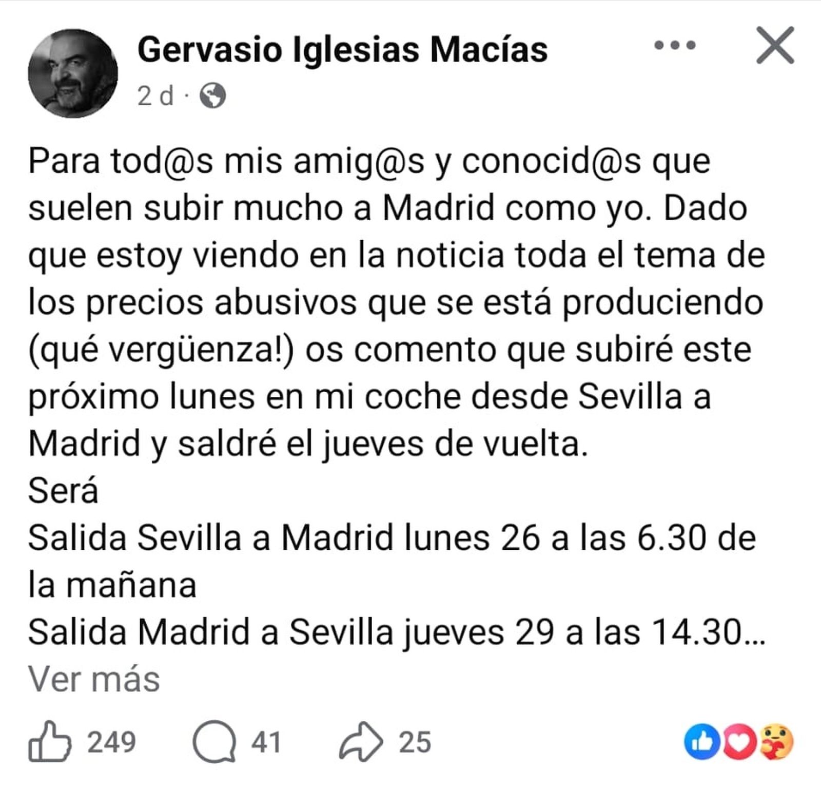 La publicación de Gervasio Iglesias en Facebook.