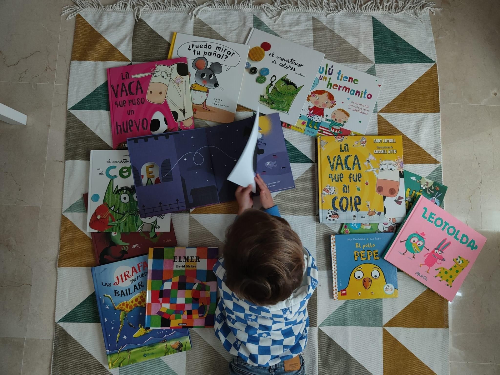 Un pequeño disfruta de libros infantiles.