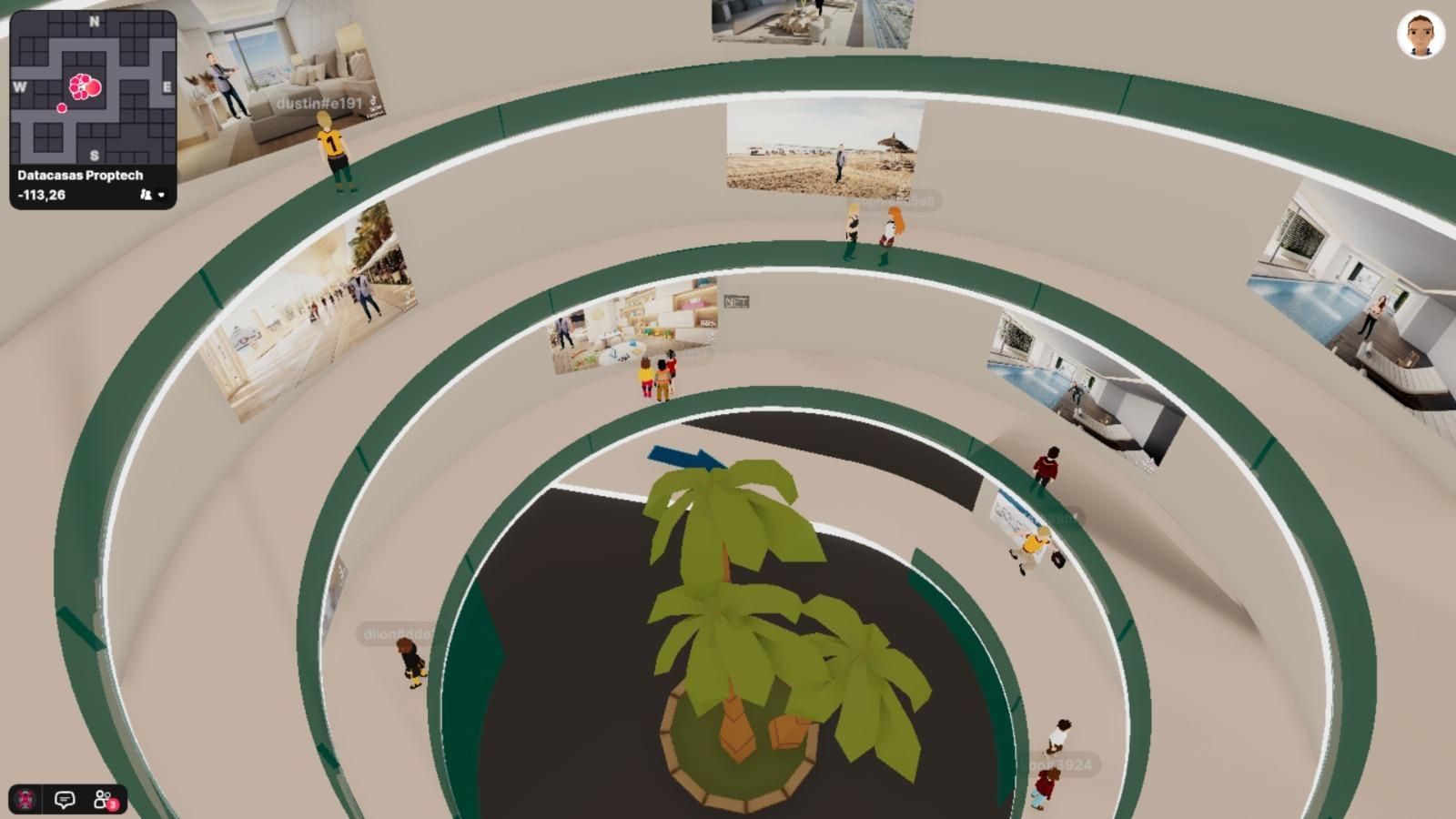 El avatar va por las plantas del edificio y va abriendo vídeos con información.