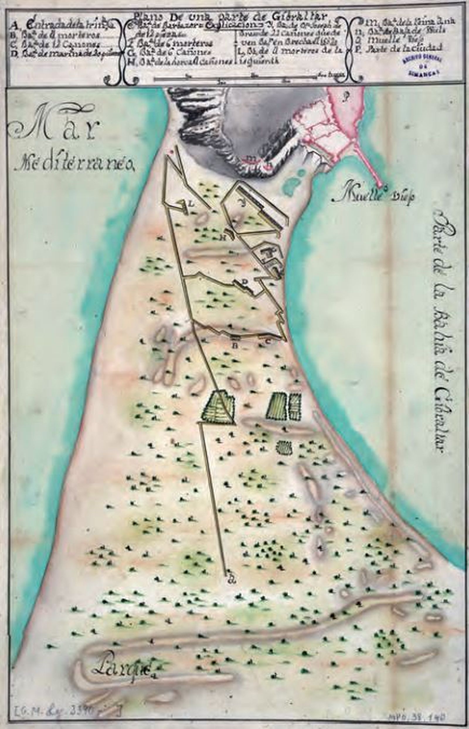 Plano del istmo y la cara norte del peñón, donde se representan las baterías y los ataques españoles construidos durante el asedio.