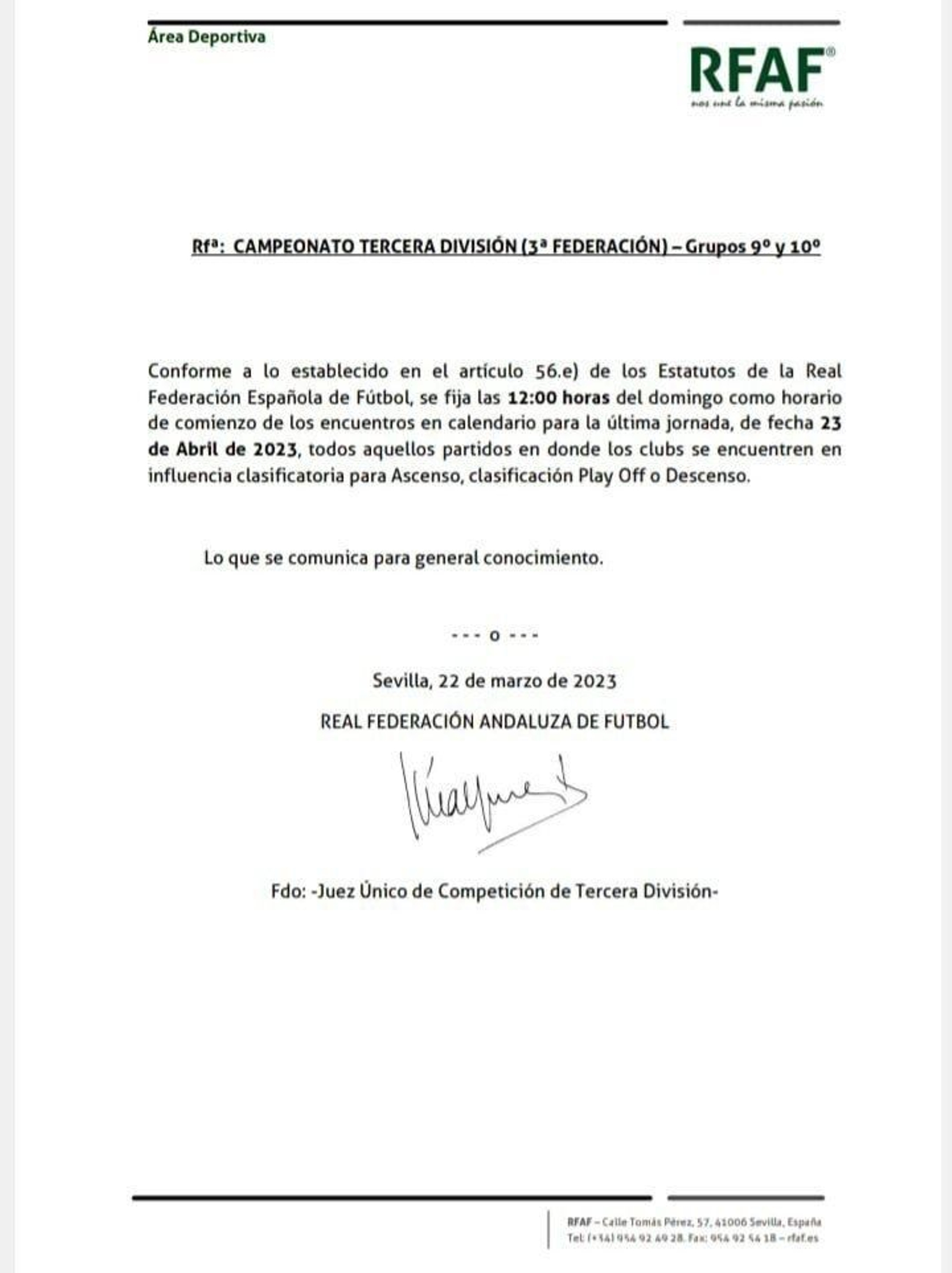 Circular de la RFAF sobre la última jornada de liga.