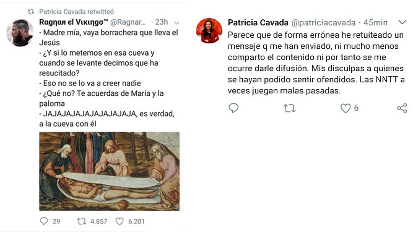 A la izquierda, el tuit retuiteado por la alcaldesa. Sobre estas líneas, el mensaje de disculpa publicado en su cuenta de Twitter.