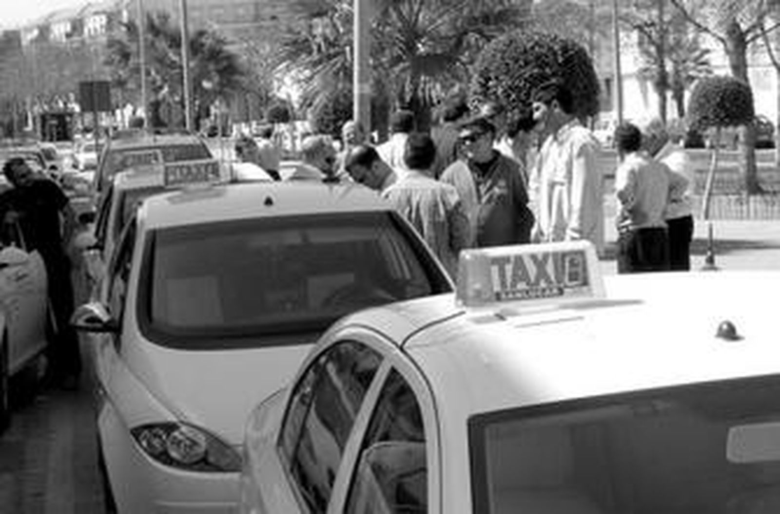 Los taxistas sanluqueños, concentrados al mediodia de ayer en señal de repulsa por lo ocurrido.