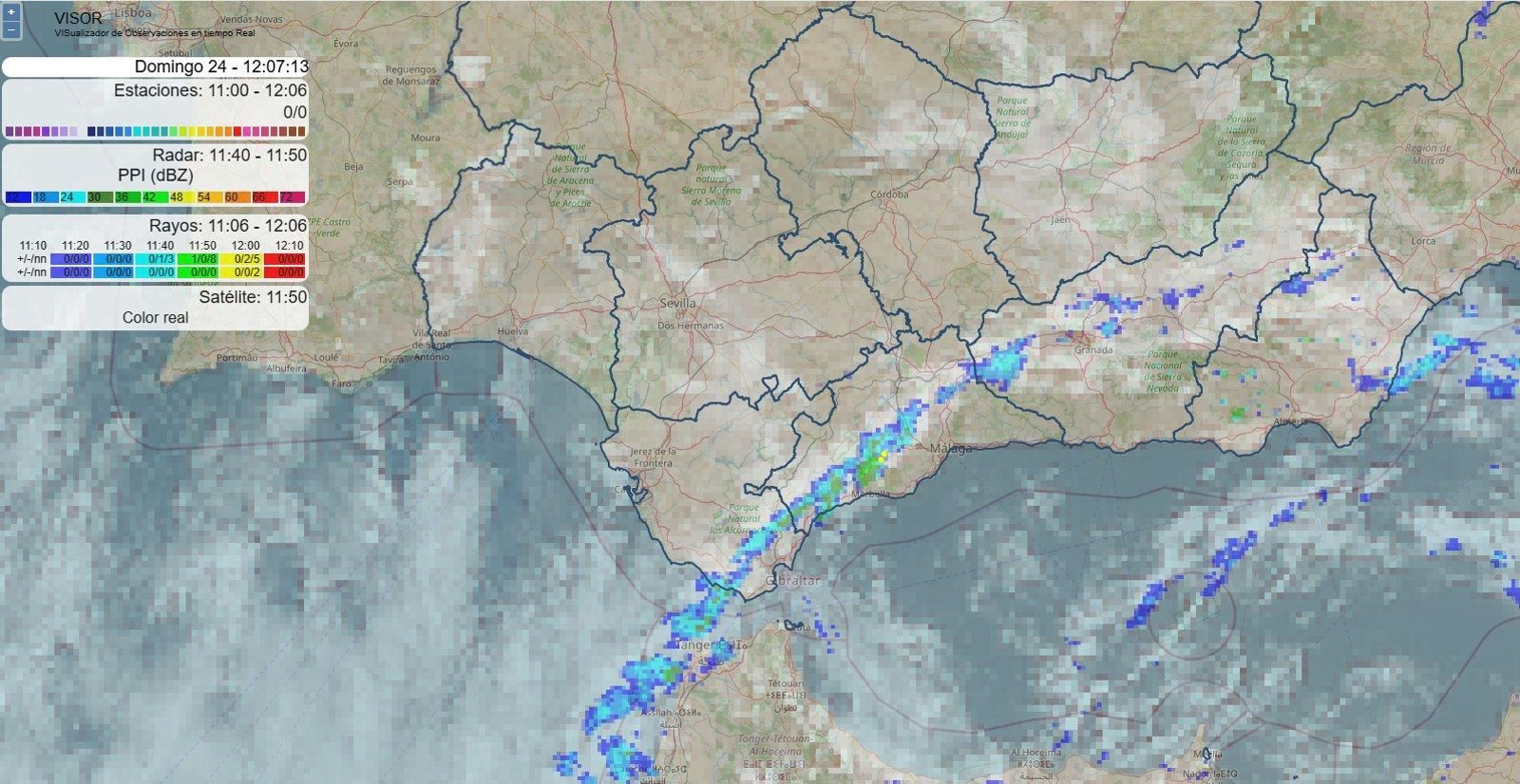 Banda nubosa con lluvia que recoge la AEMET este domingo