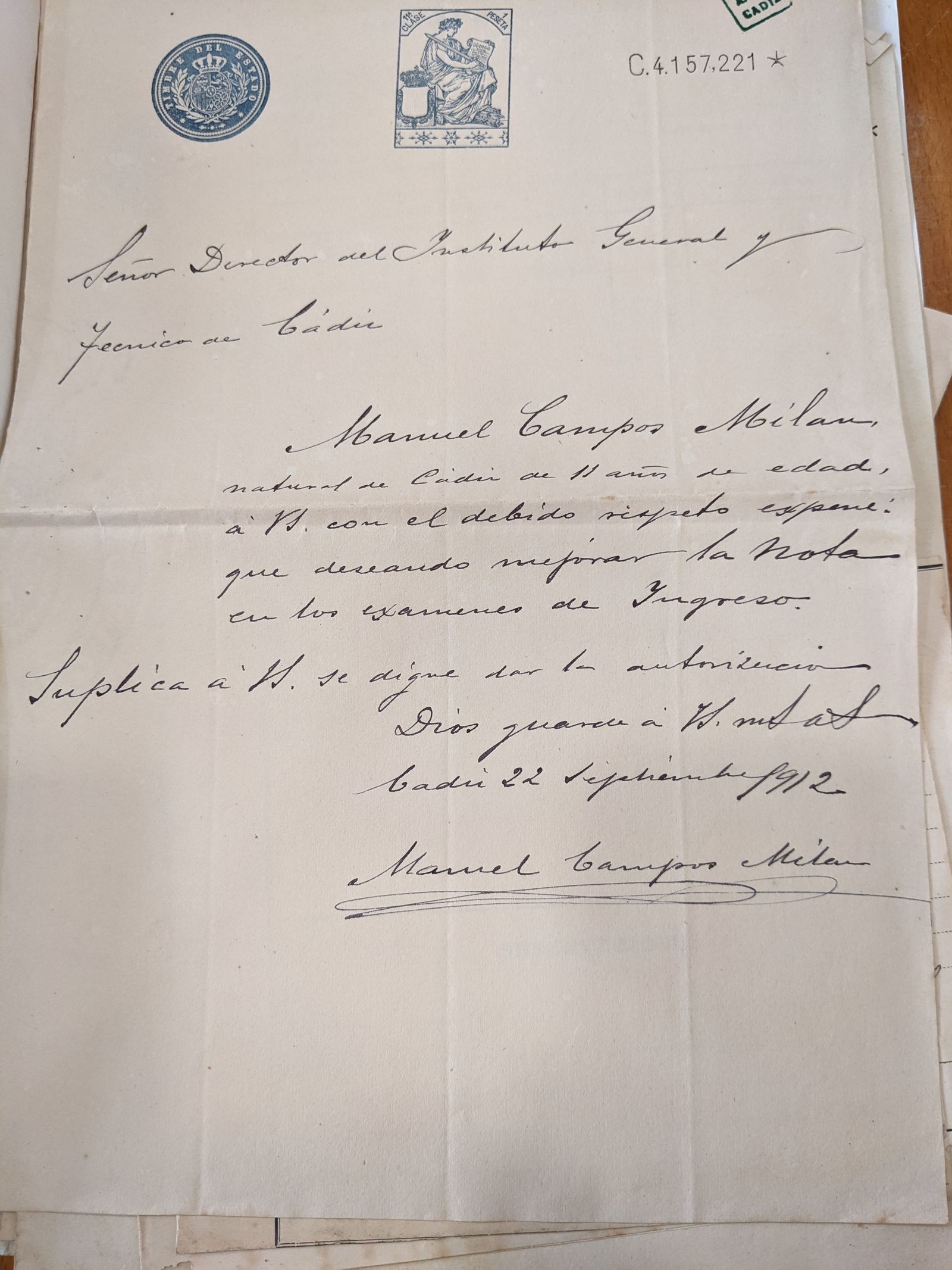 Carta de Manuel Campos pidiendo el acceso en el Instituto.