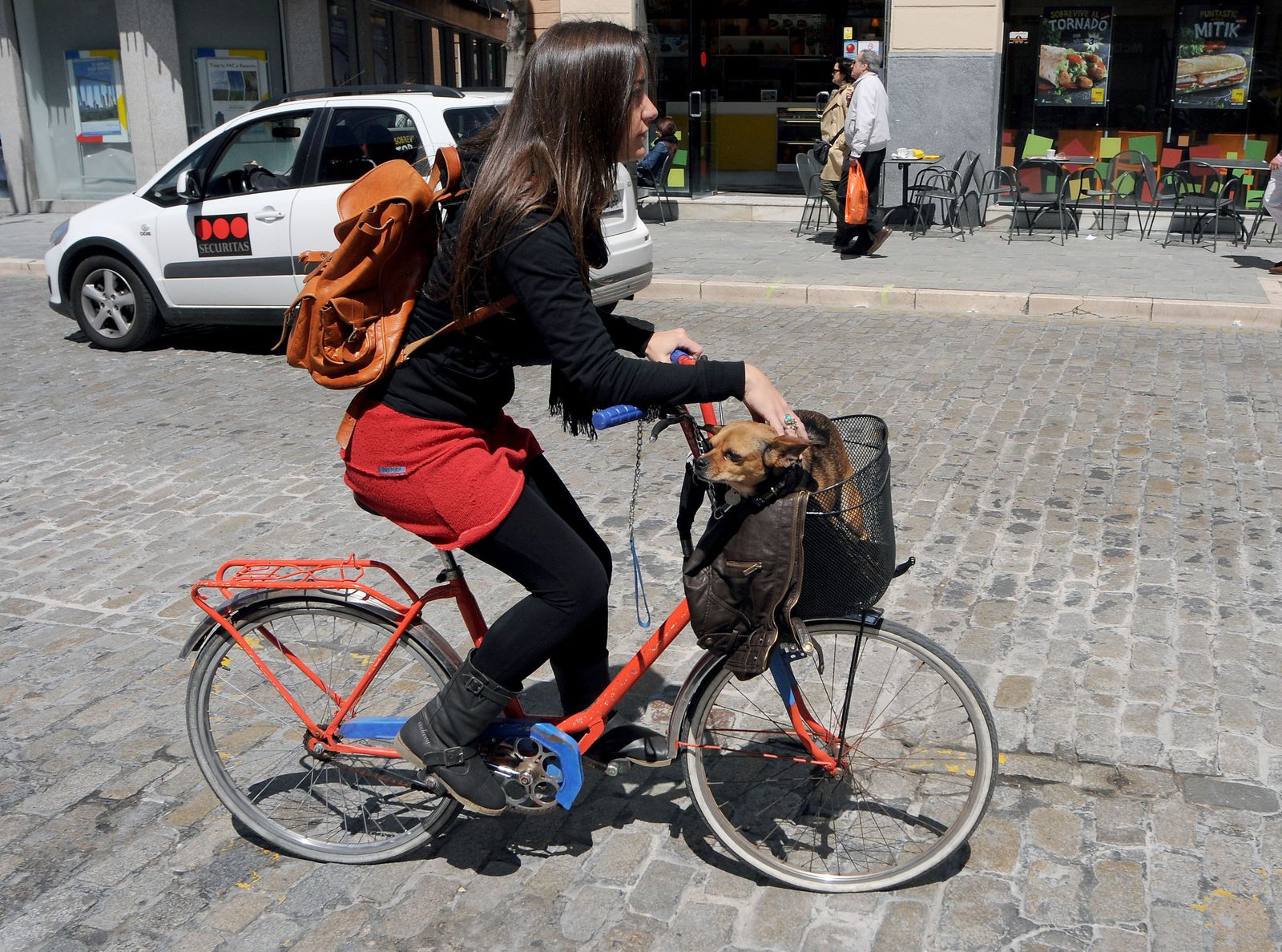 Una mujer, junto a su perro, en una bicicleta.