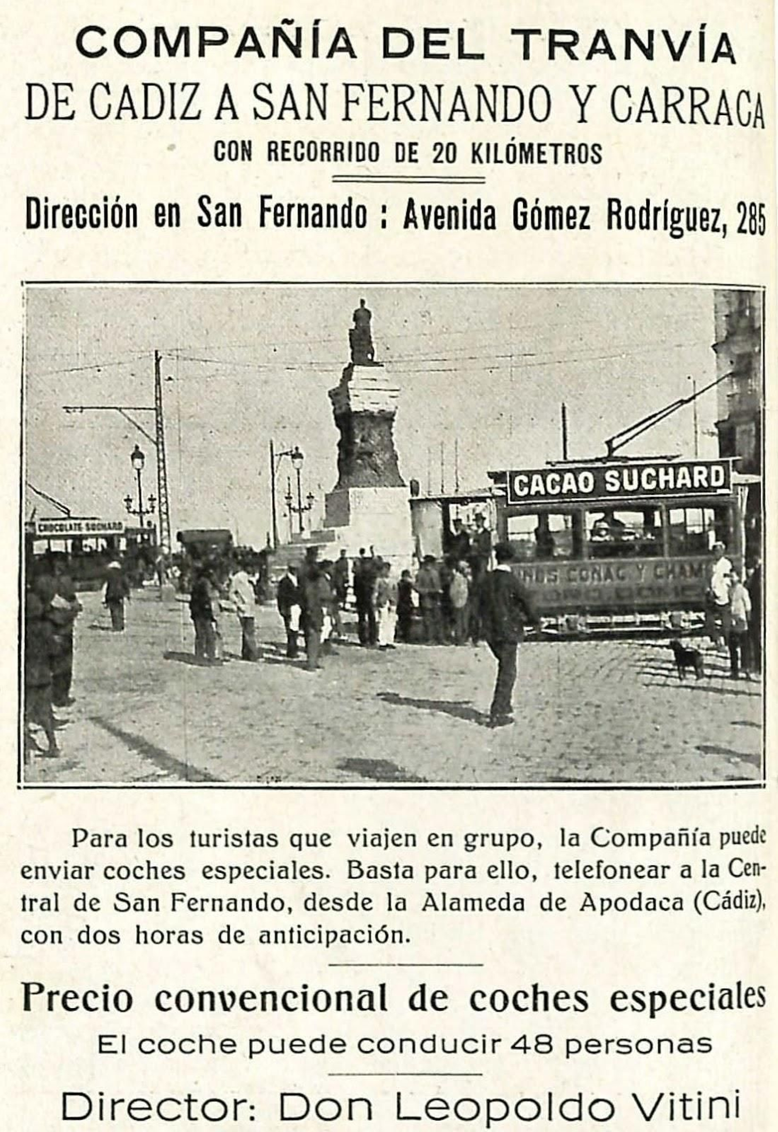 Publicidad de los tranvías de Cádiz, años `20, con Pedro Domecq.