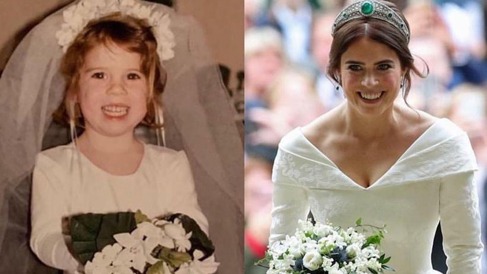 Divertida imagen de la princesa, de niña vestida de novia, y al lado de su boda en la realidad.