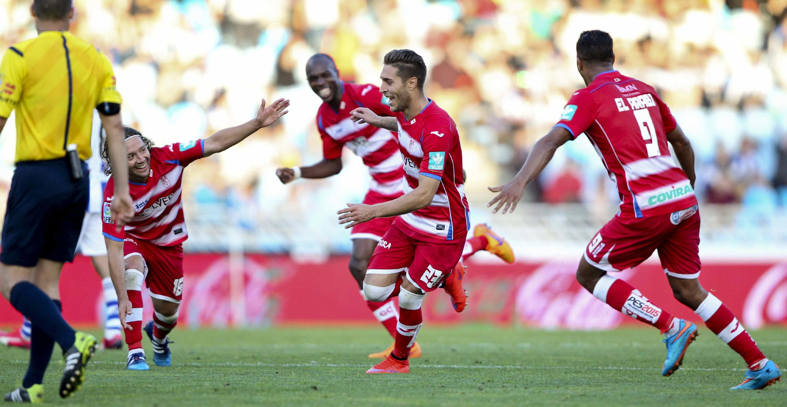 Rochina celebra el gol del 0-3 en Anoeta del año 2015, que fue la última vez que el Granada logró tres victorias seguidas.