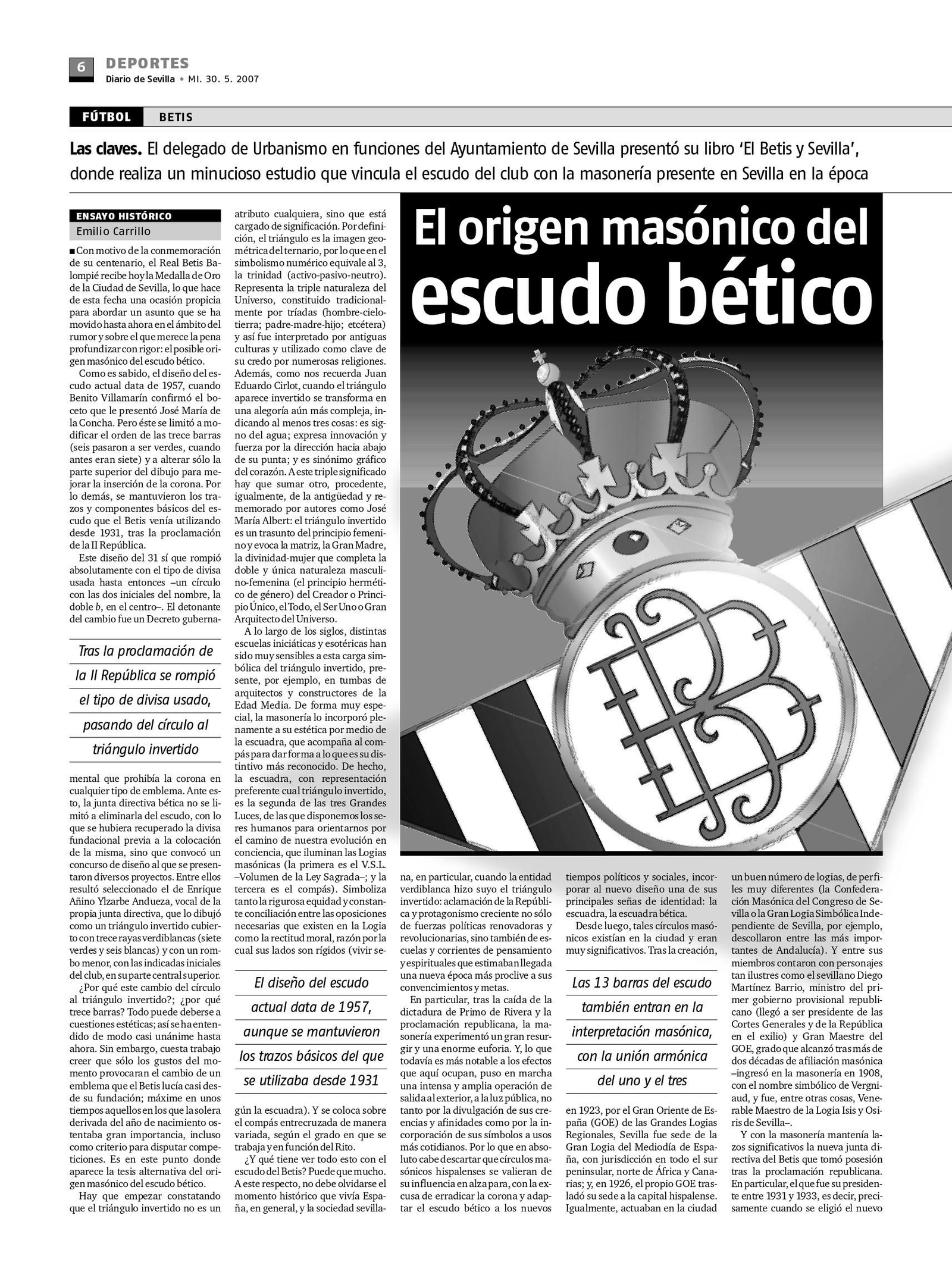 Ensayo histórico de Emilio Carillo sobre el origen masónico del escudo del Betis