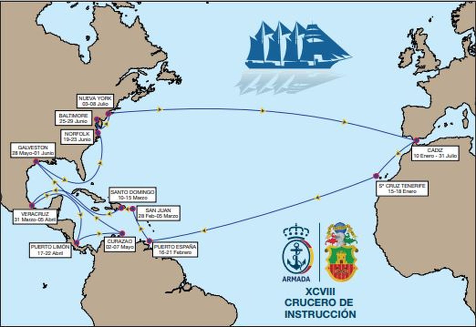 El intinerio del 98 curcero de instrucción del 'Juan Sebastián de Elcano'.