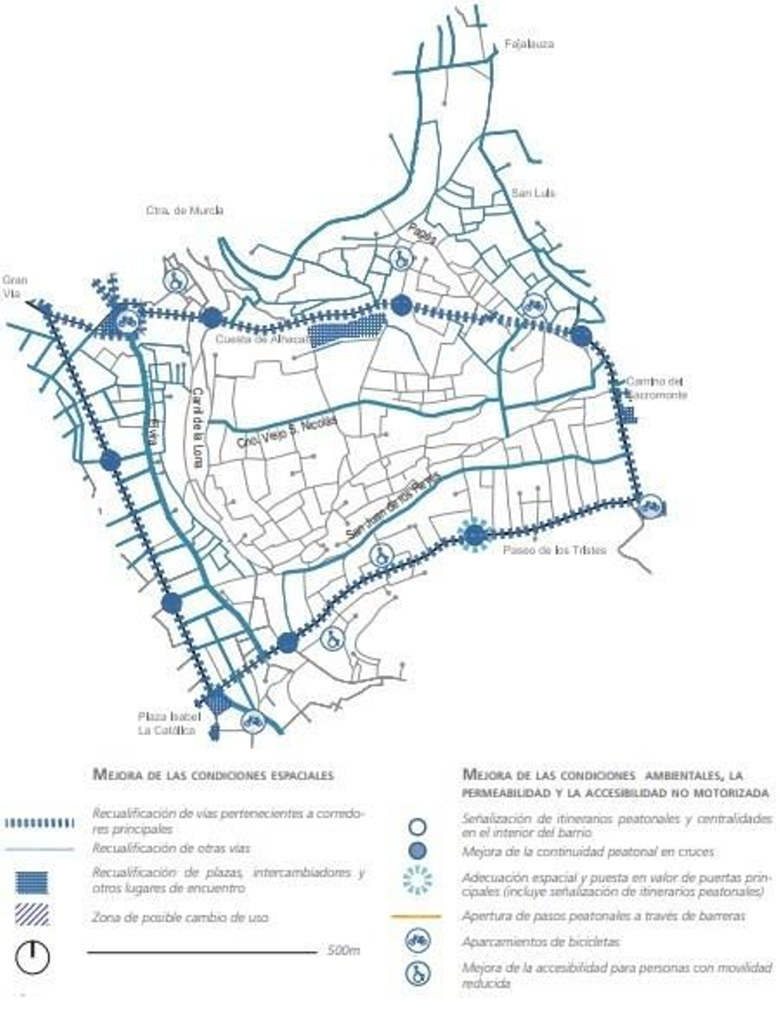 Mapa de infraestructuras y movilidad en el Albaicín.