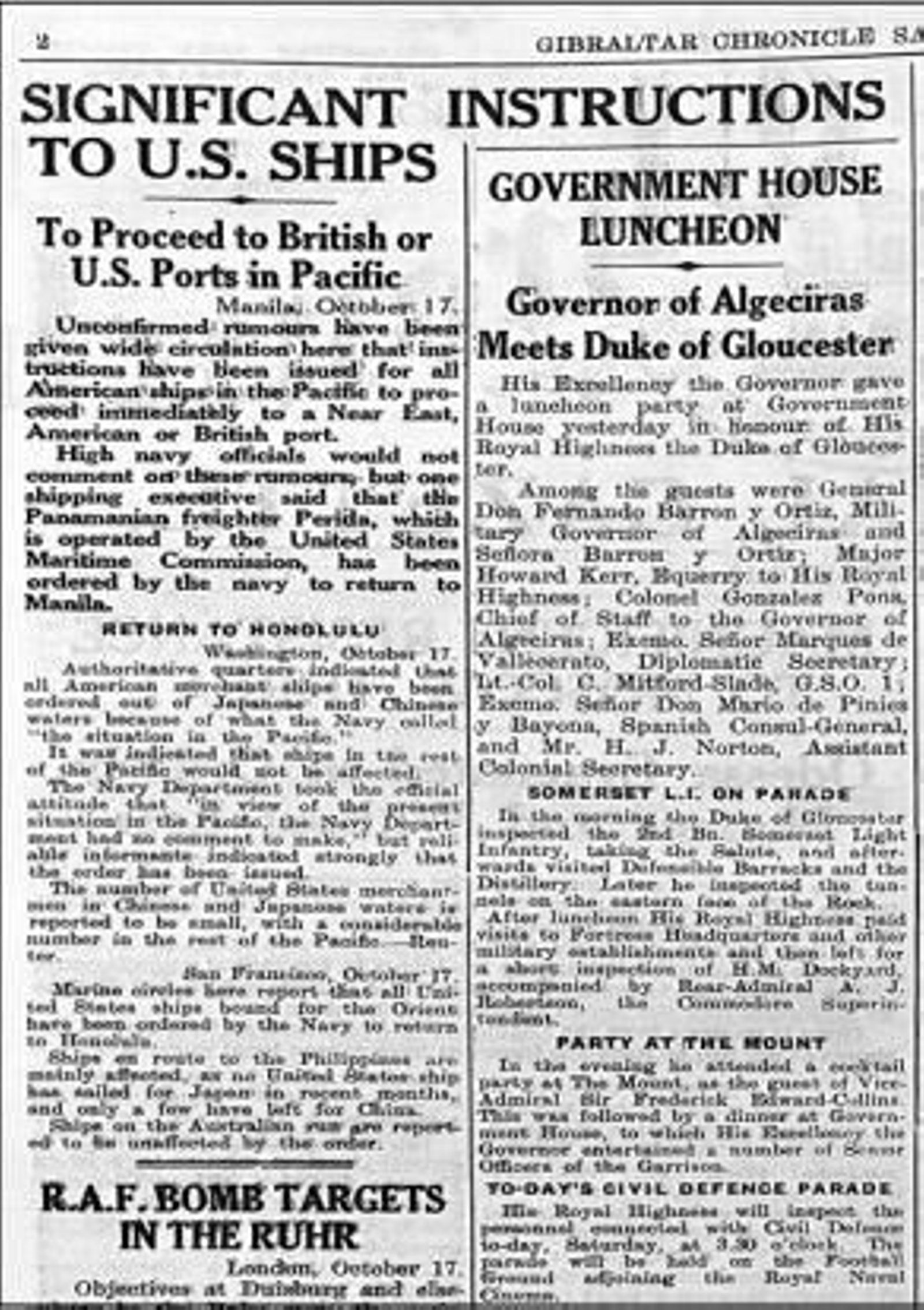 Gibraltar Chronicle, 18 de octubre de 1941.