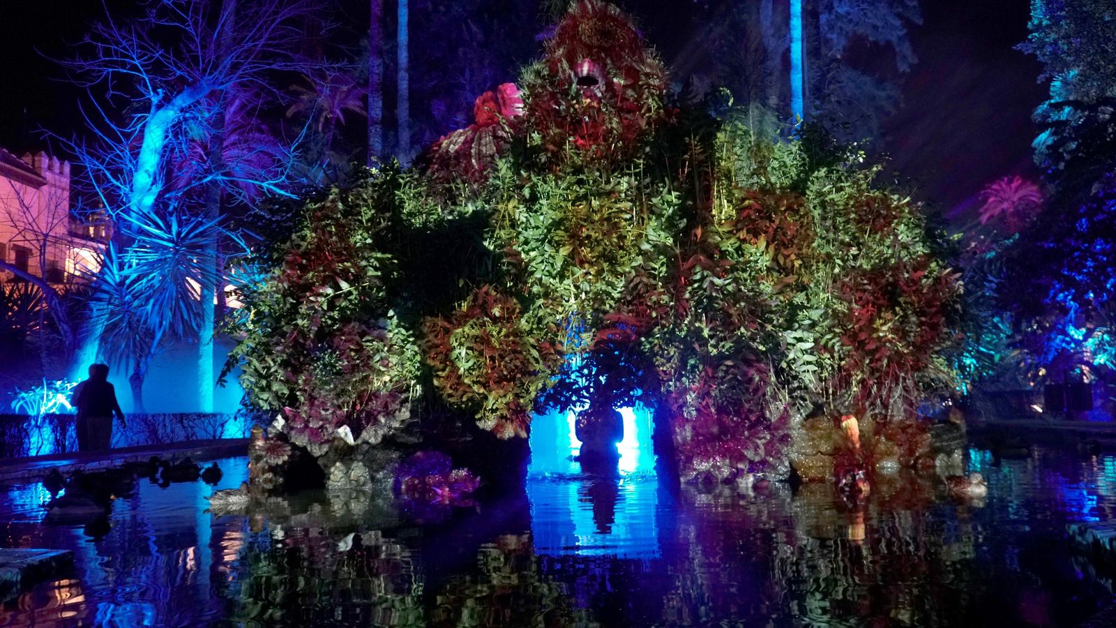 Mapping sobre una fuente de los jardines.