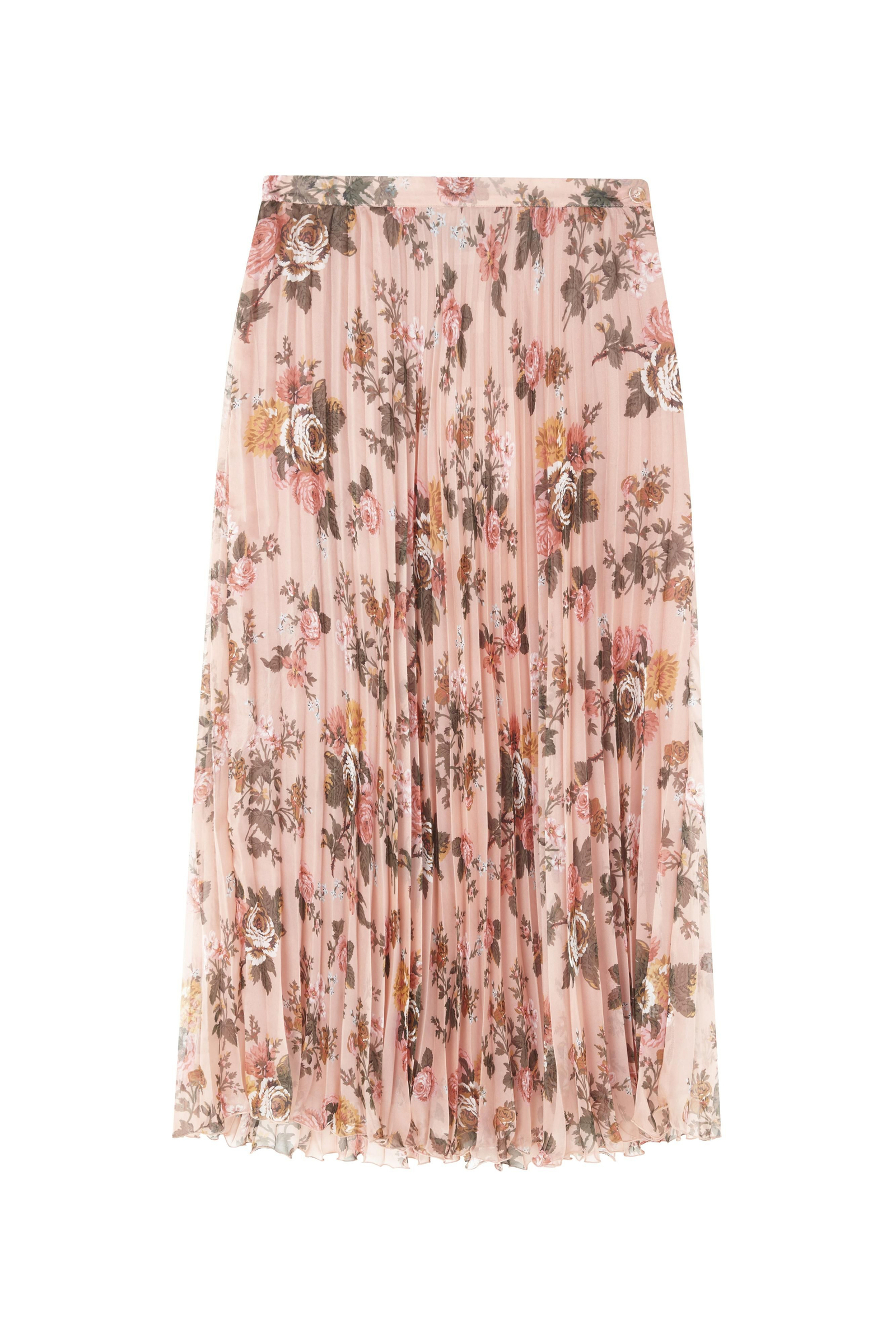Falda midi plisada en estampado de rosas, de Uterqüe.