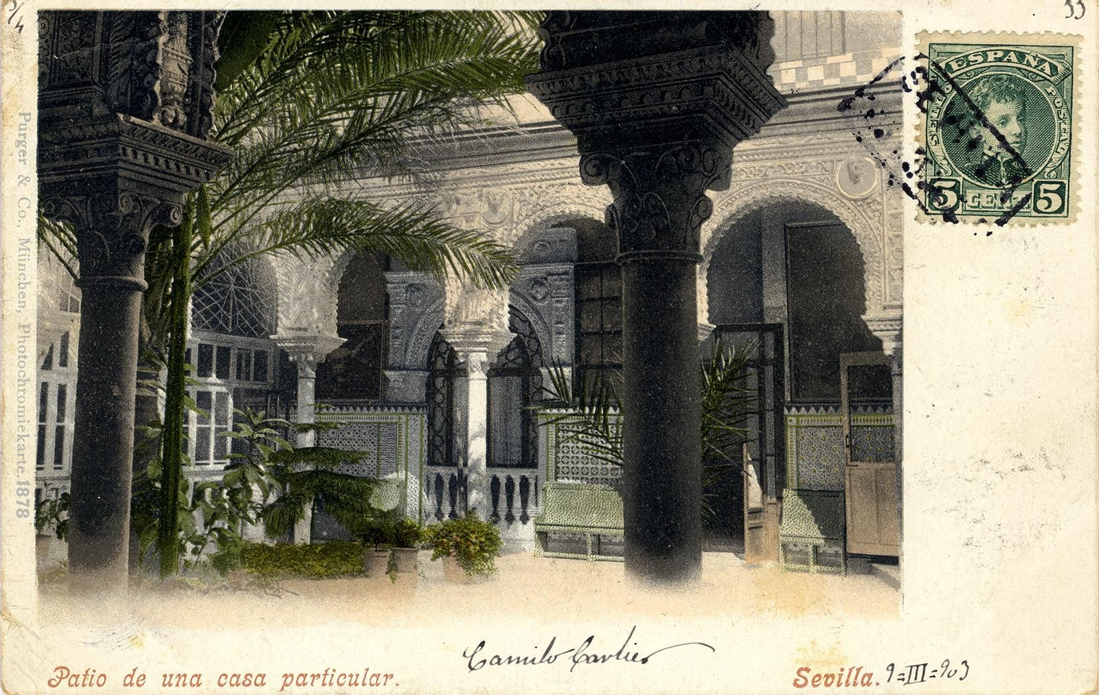 Tarjeta postal editada por Purger & Co., 1902: Patio del palacio de los Pinelo.