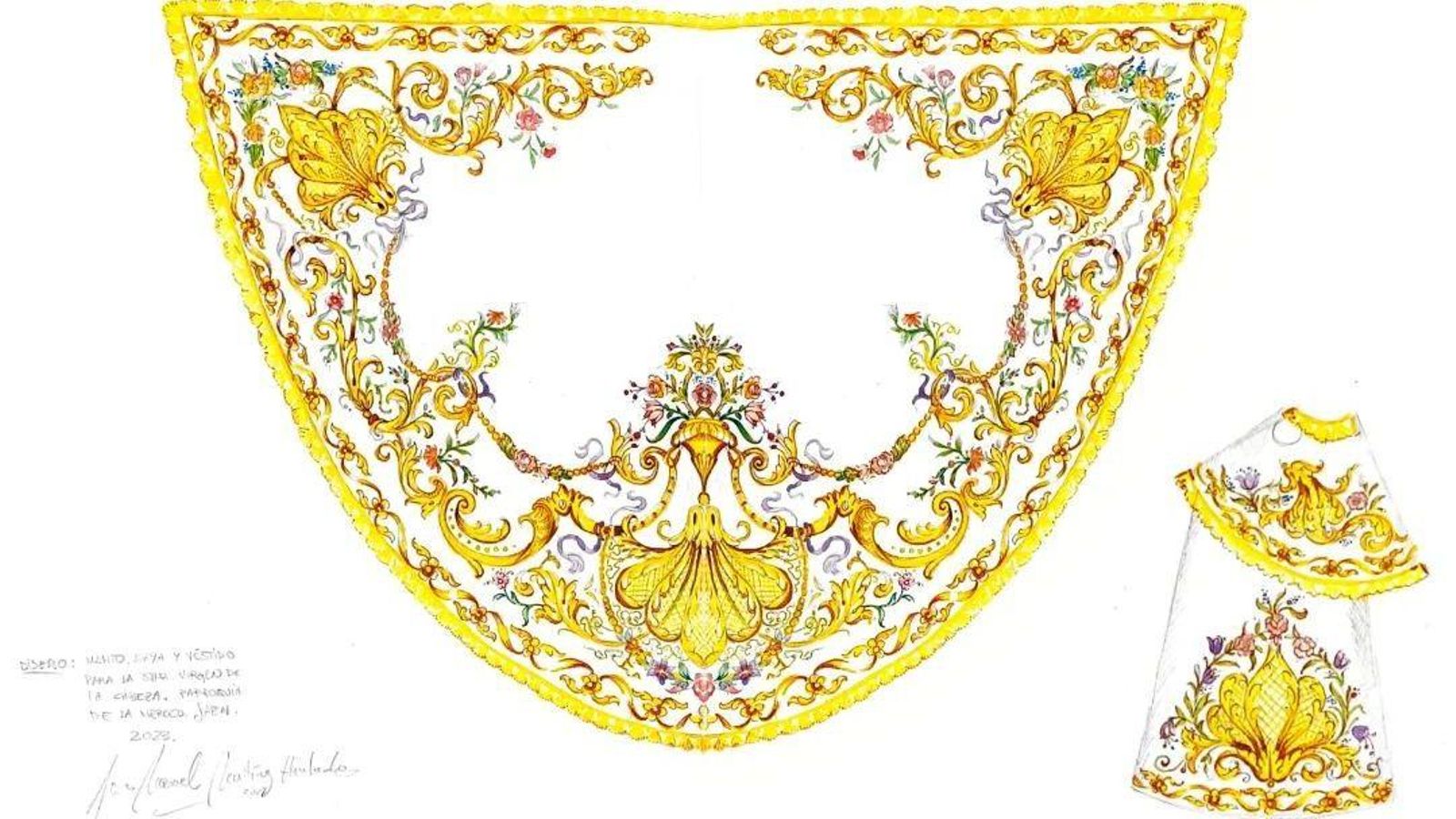 Diseño de manto y saya bordados con motivo de la efeméride.