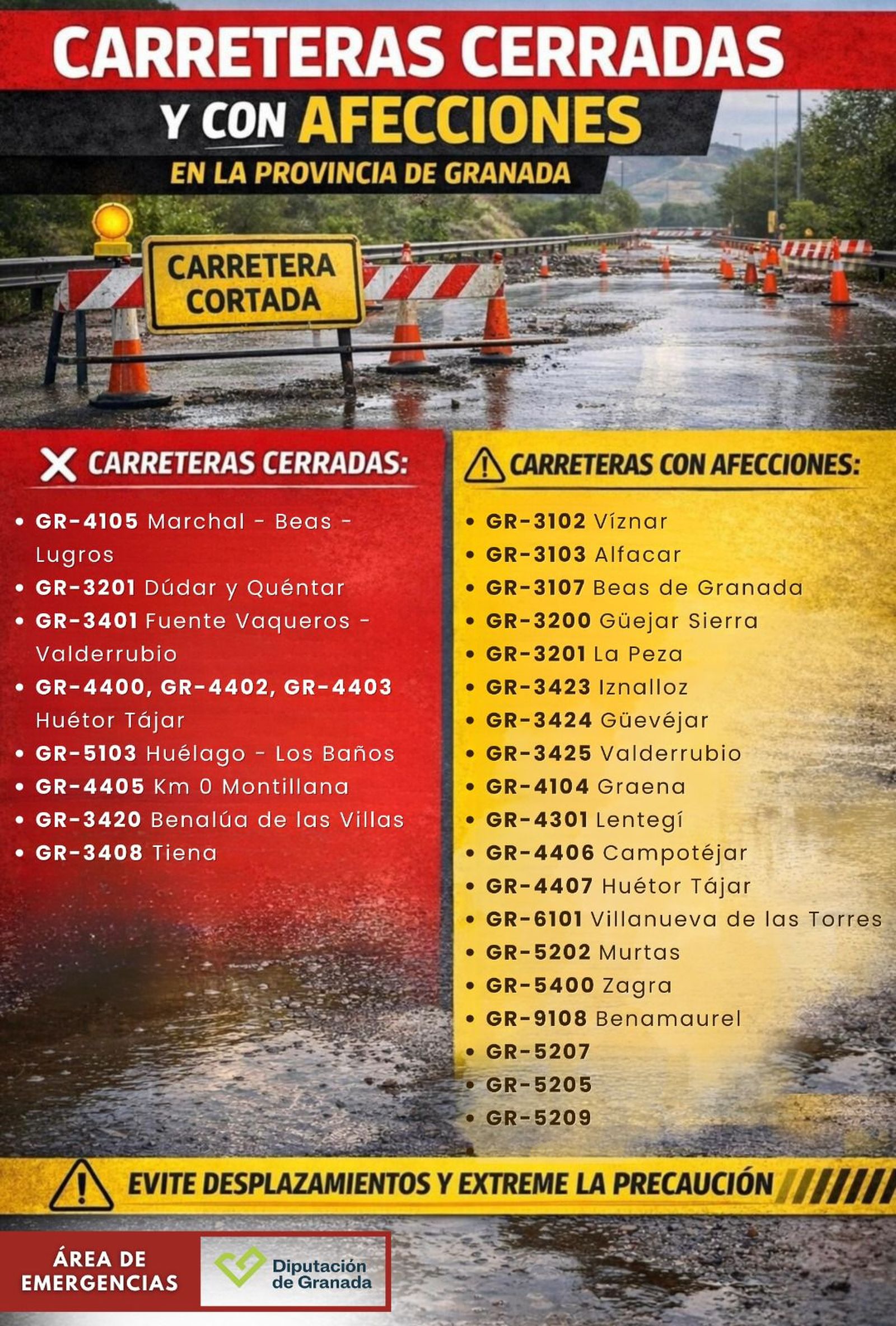 Imagen actualizada de las carreteras con afecciones en la provincia de Granada