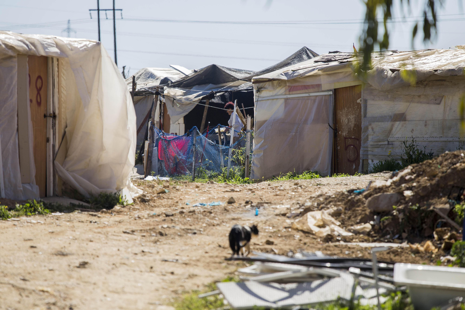 Imagen de los ocupantes de una de las chabolas en el asentamiento de la capital onubense.