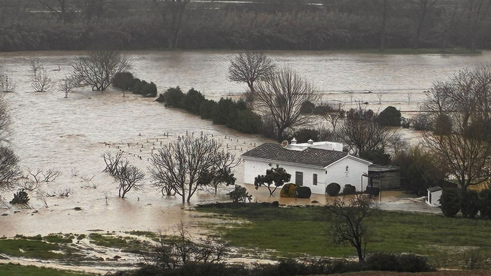Viviendas alcanzadas por el río en la pedanía de La Indiana