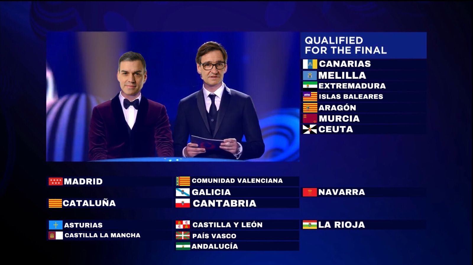 Montaje que simula una gala presentada por Pedro Sánchez y Salvador Illa