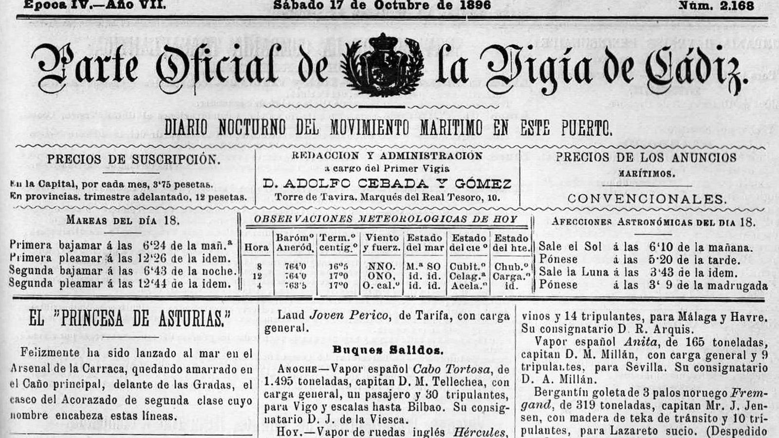 Parte oficial de la Vigía de Cádiz del sábado 17 de octubre de 1896. Parte oficial de la Vigía de Cádiz del sábado 17 de octubre de 1896.