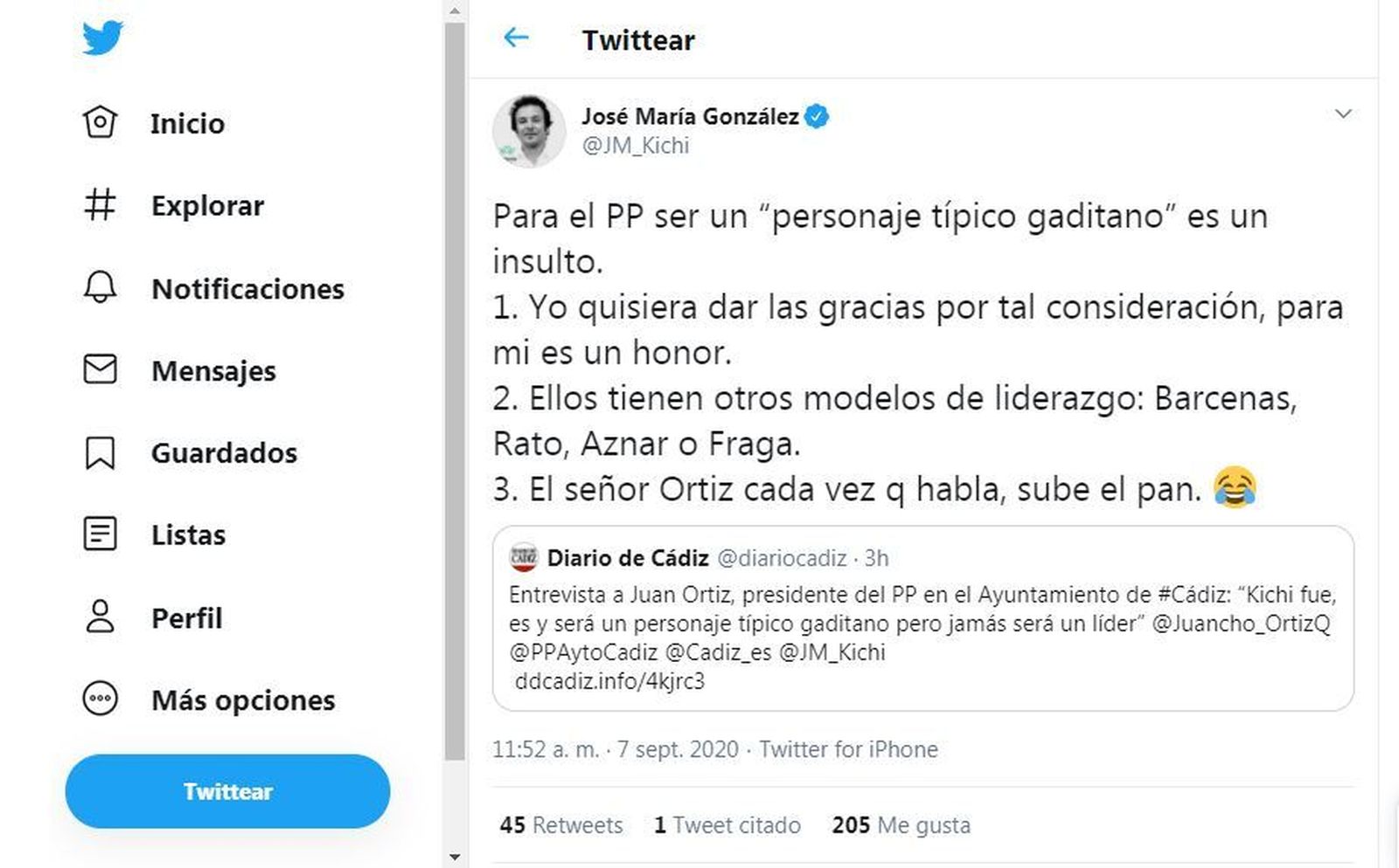 Kichi da las "gracias" a Juancho Ortiz por llamarle "personaje típico gaditano"