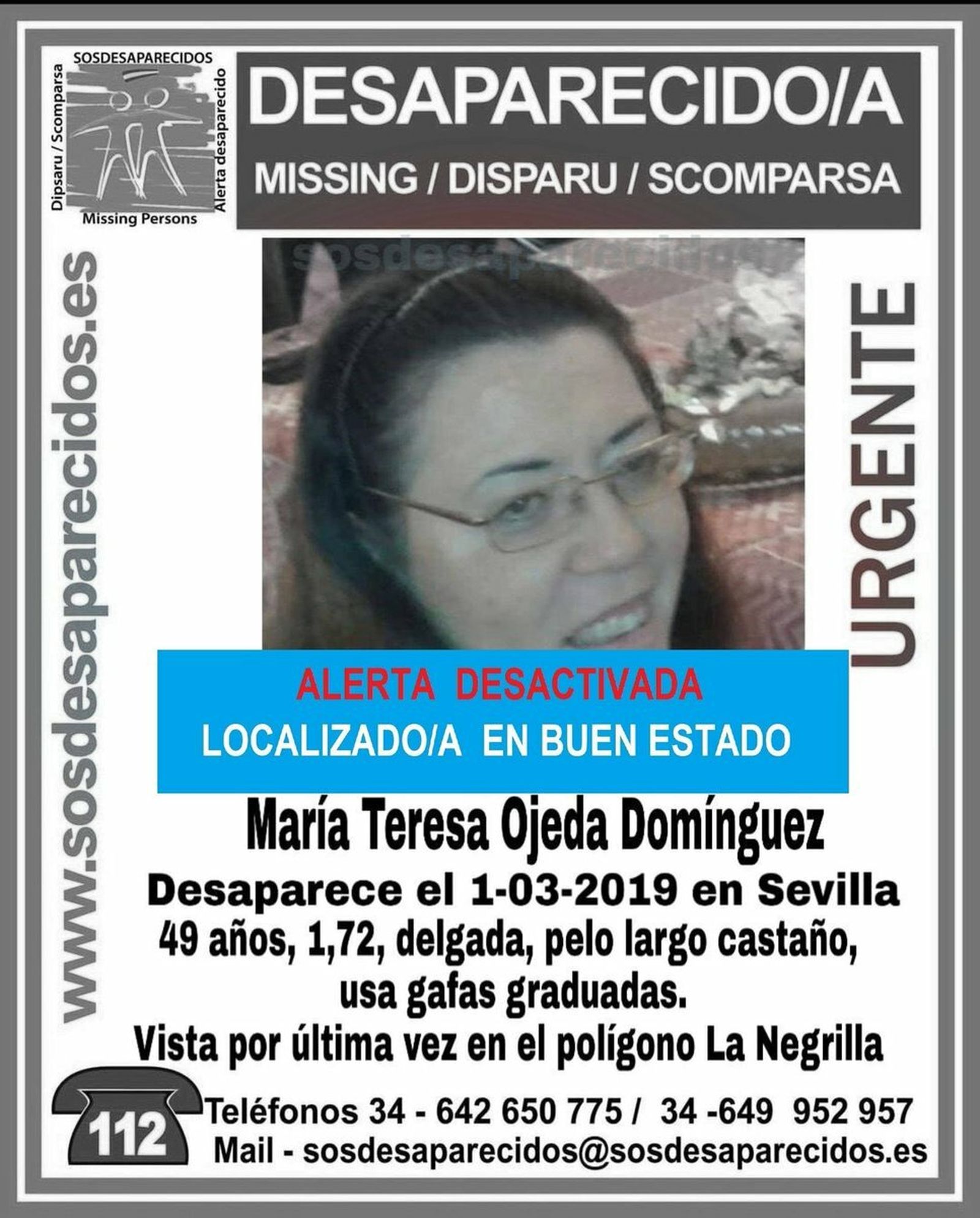 El cartel de SOS Desaparecidos con la alerta desactivada.