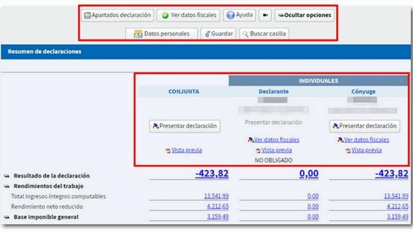 Un captura de pantalla con el resumen de la declaración de Hacienda