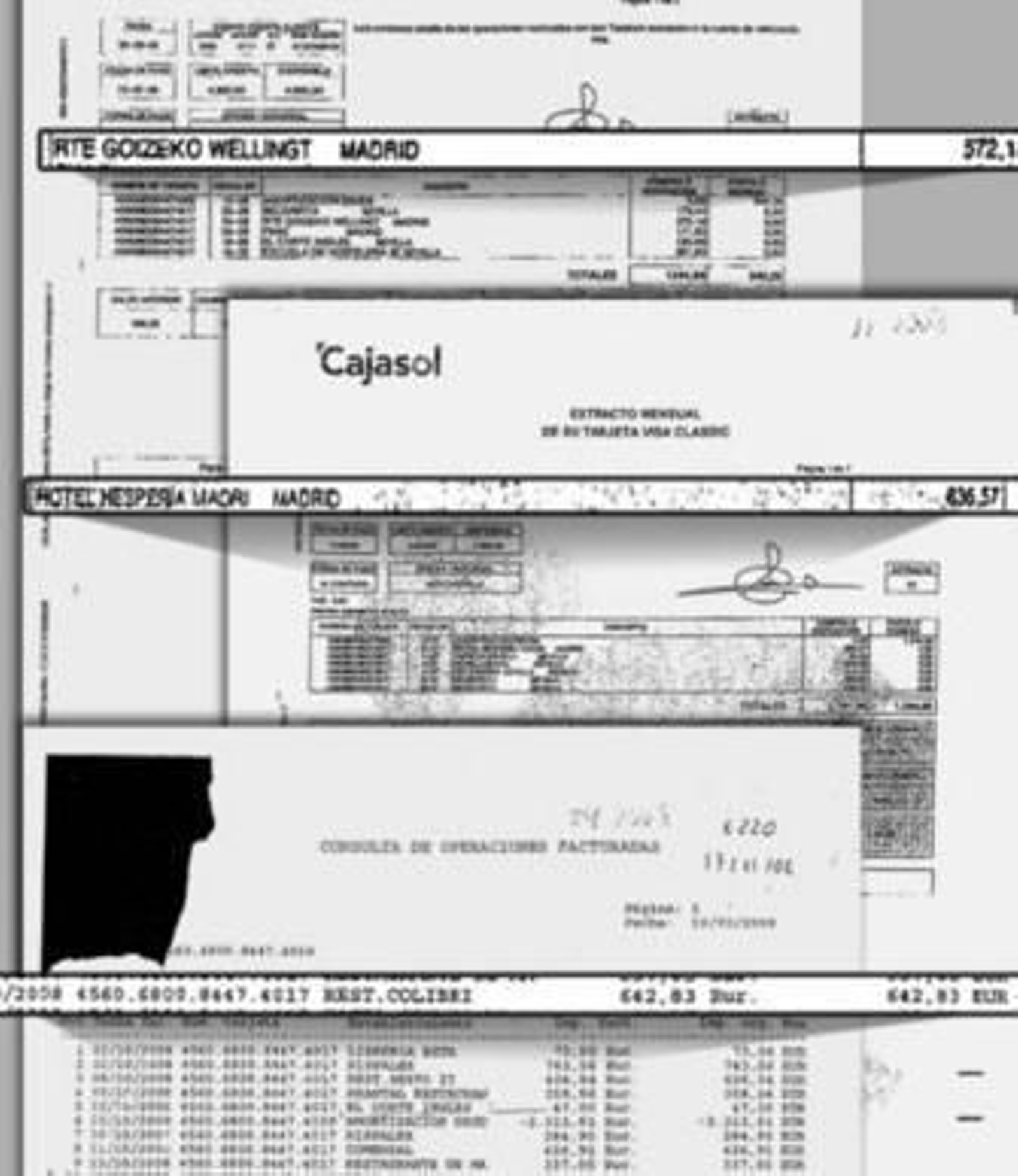 Algunos de los extractos bancarios que revelan los principales gastos en hoteles y comidas.