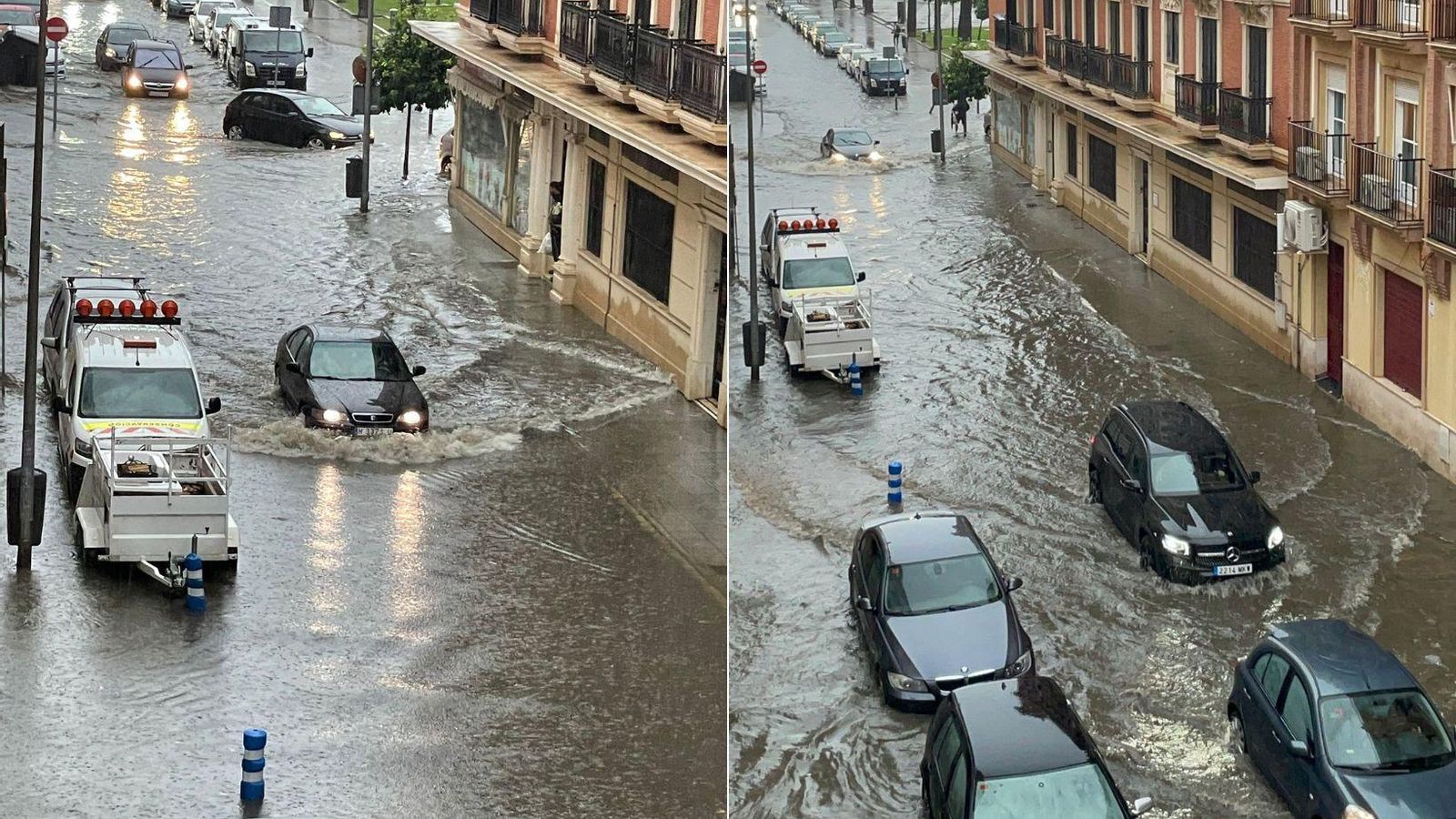 Las calles de Huelva completamente anegadas y los coches prácticamente sumergidos en el agua