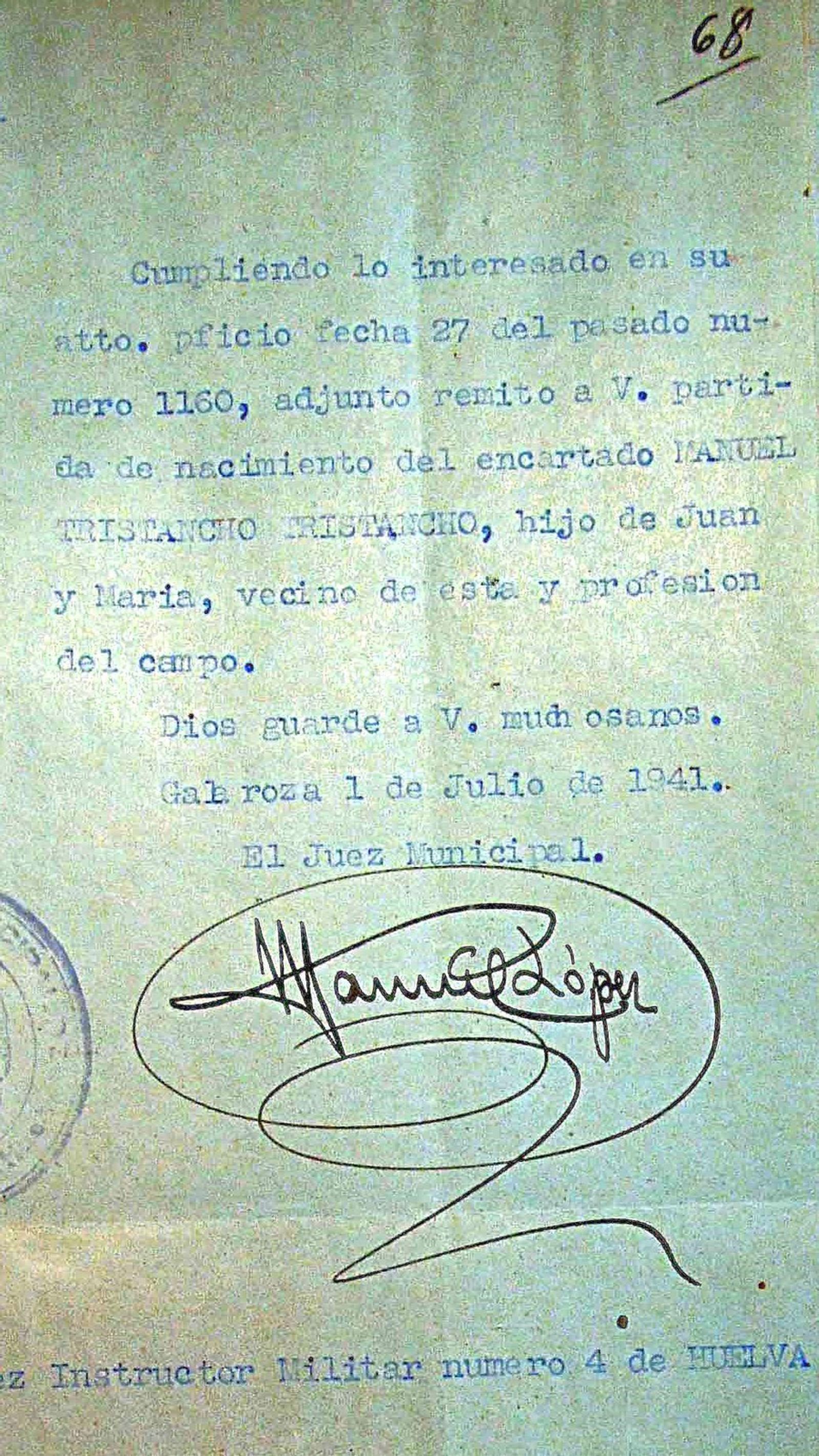documento del Juzgado de Galaroza sobre Manuel Tristancho.