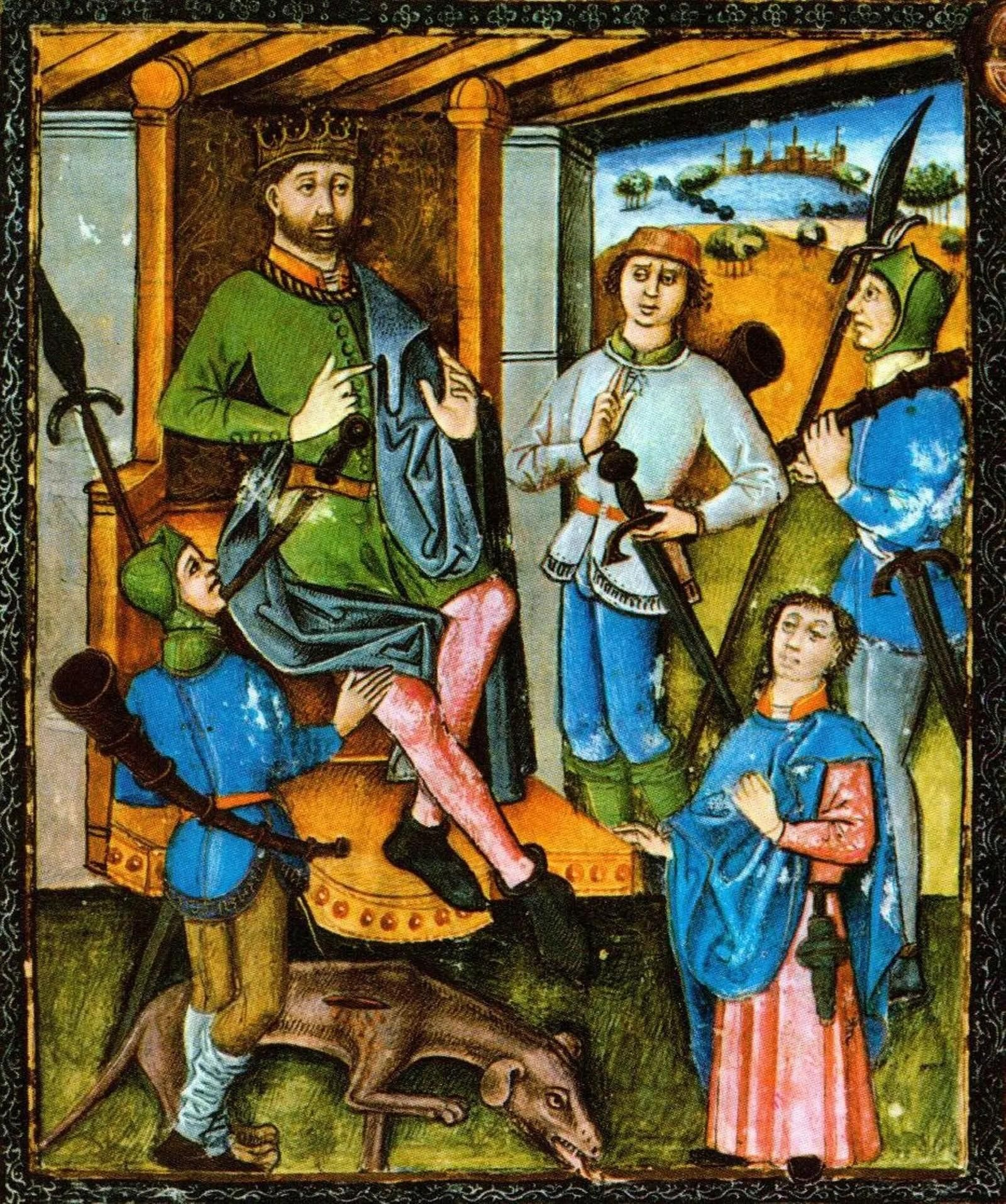 El rey Alfonso XI rodeado de sus monteros (Miniatura del 'Libro de la Montería'. 1346).