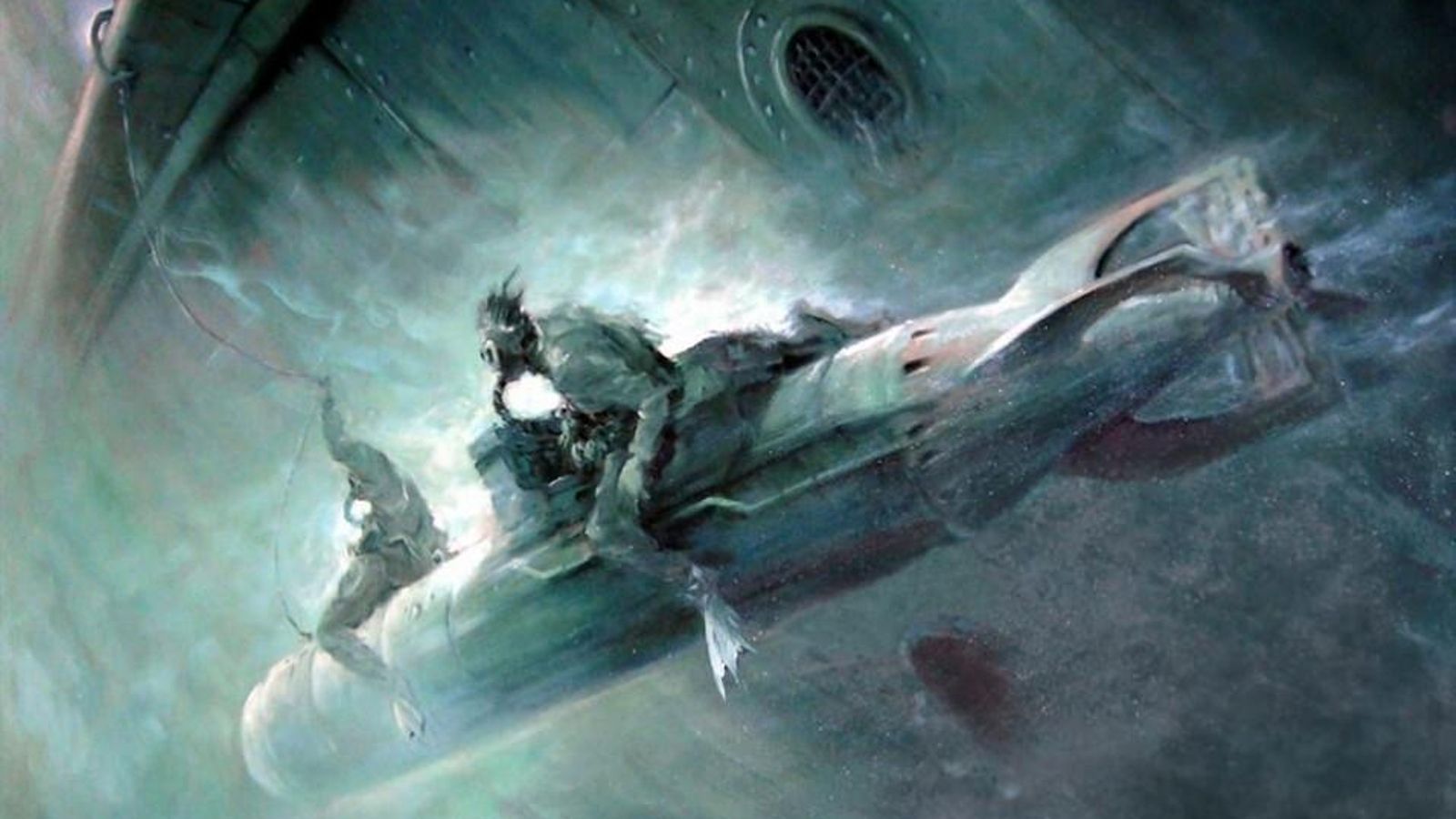 Representación del momento en que la dotación de un maiale procede a la colocación de la carga explosiva, de triste recuerdo para los participantes en el ataque de mayo de 1941.