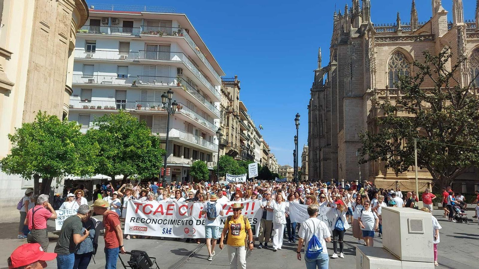 Los manifestantes a su paso por la avenida de la Constitución.