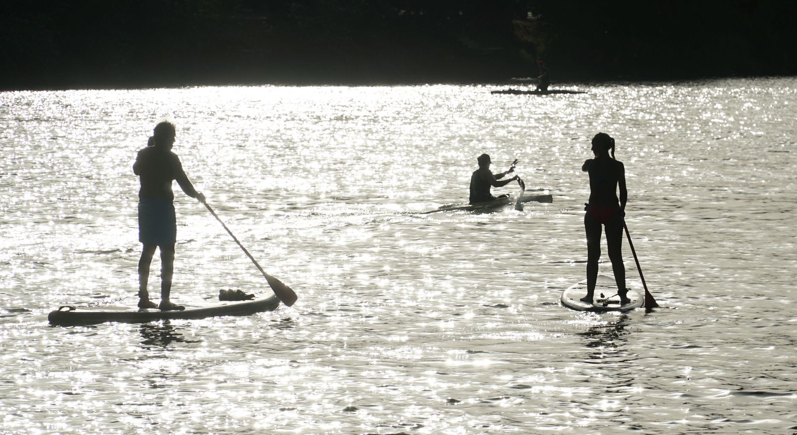 Dos personas haciendo paddle surf en el río.