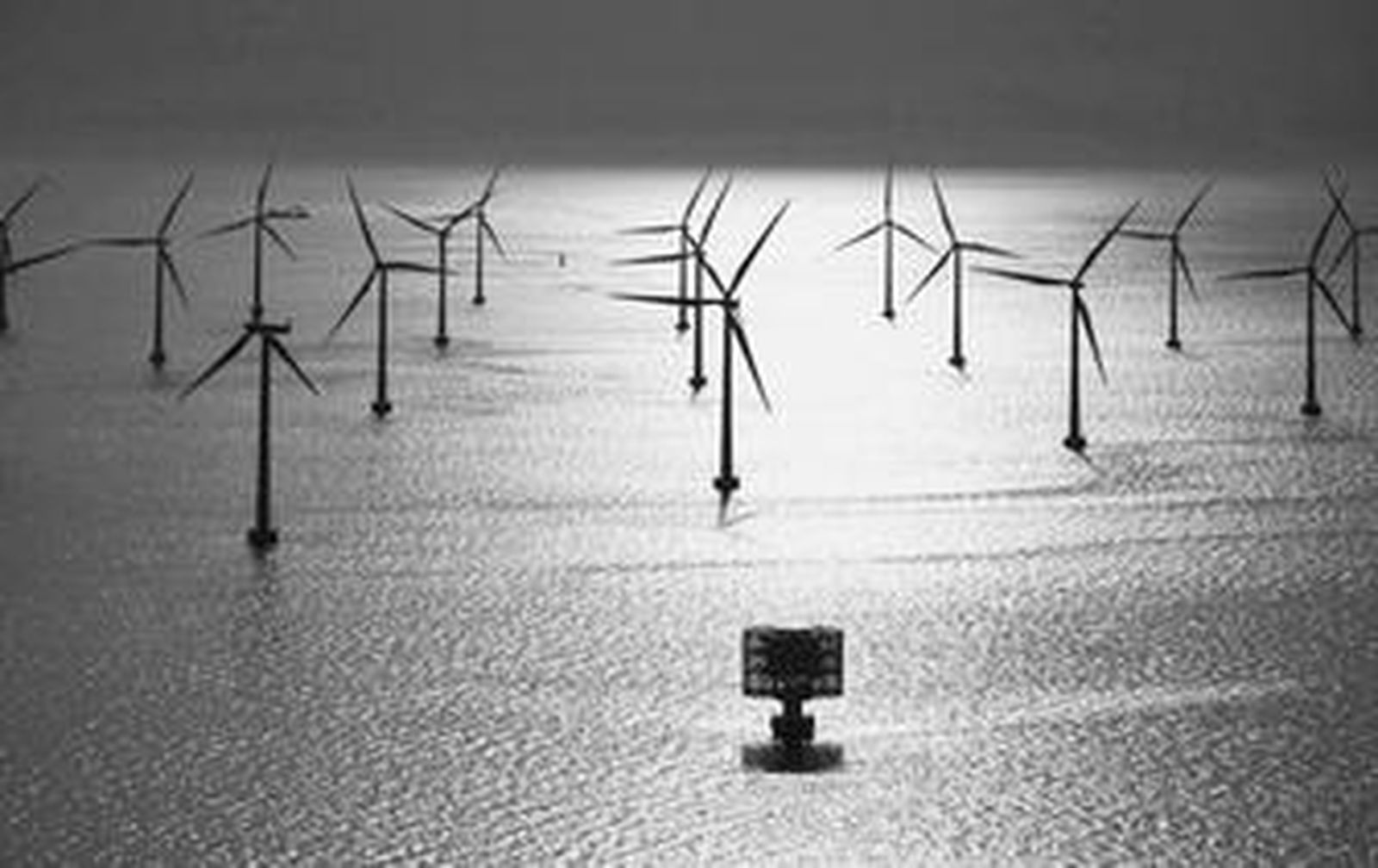 Panorámica de parte de un parque eólico marino en aguas del norte de Europa.