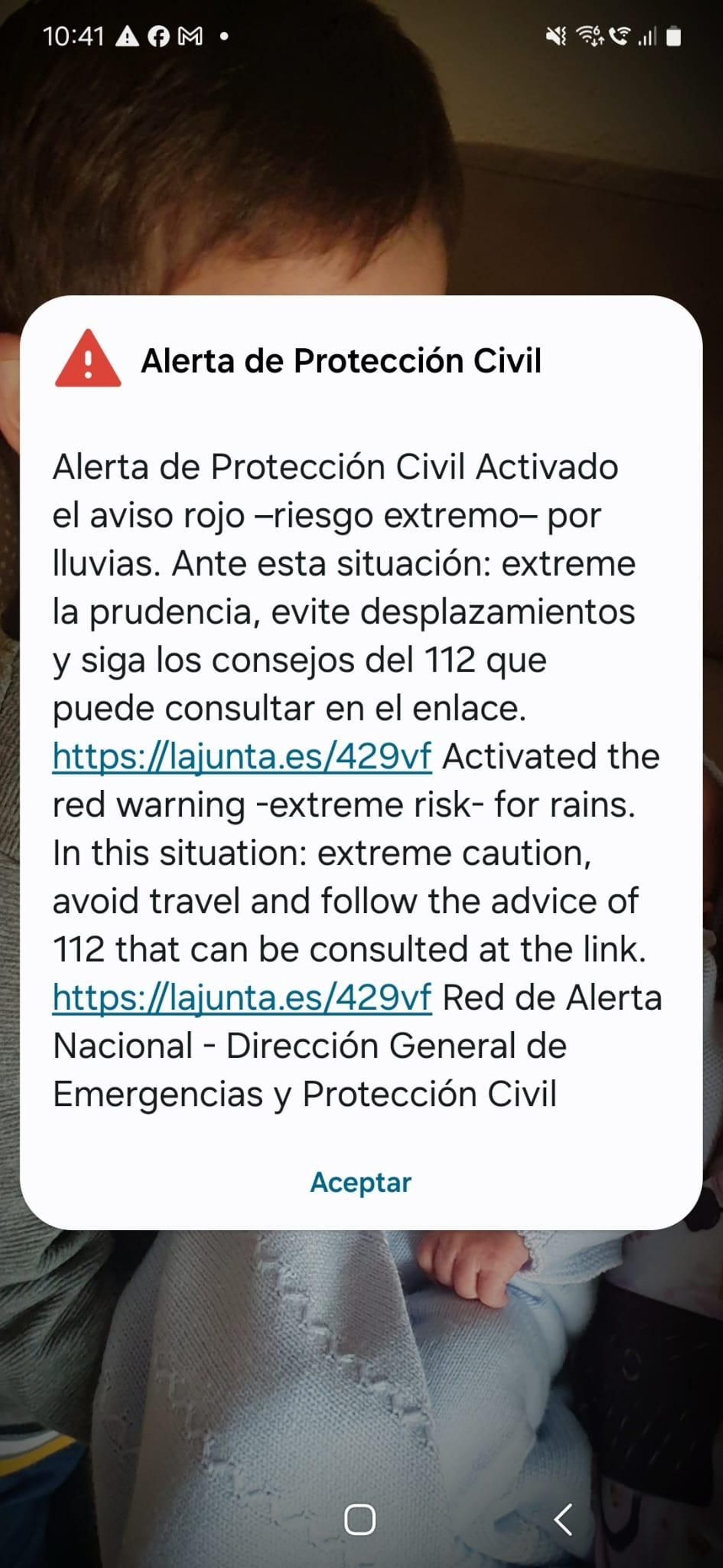 Mensaje recibido de Protección Civil