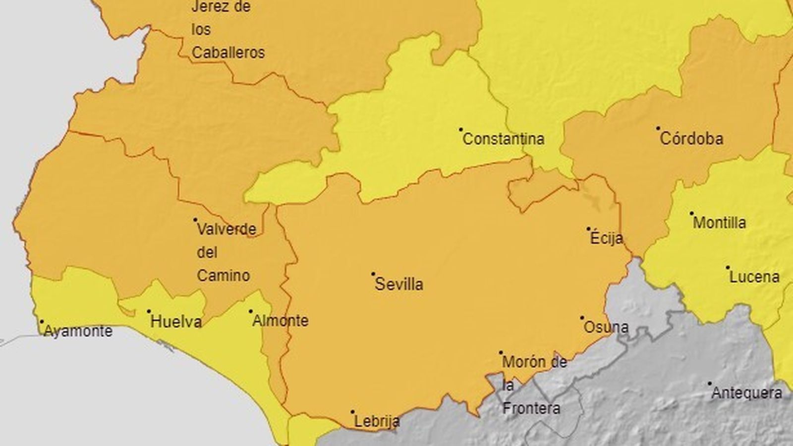 Mapa de alertas en la provincia de Sevilla.
