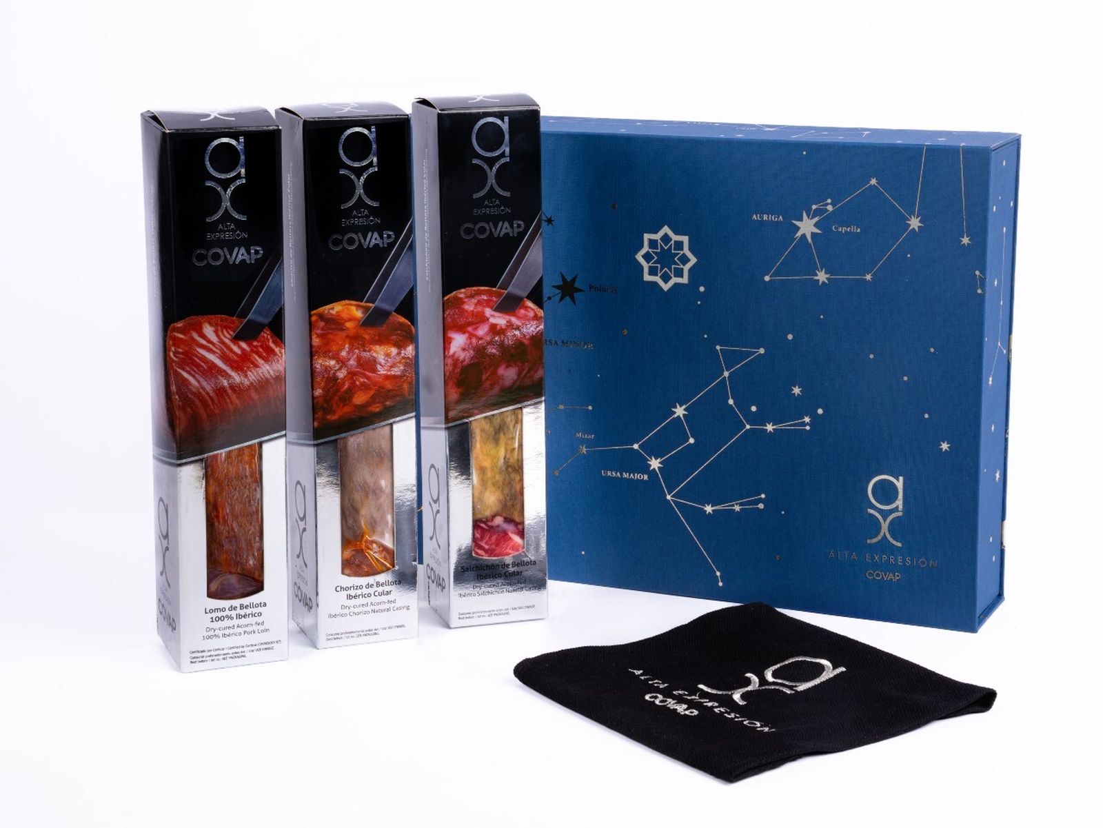El lote Luxury Nº2 contiene  lomo de bellota 100% ibérico, salchichón y chorizo de bellota ibéricos alta expresión Covap