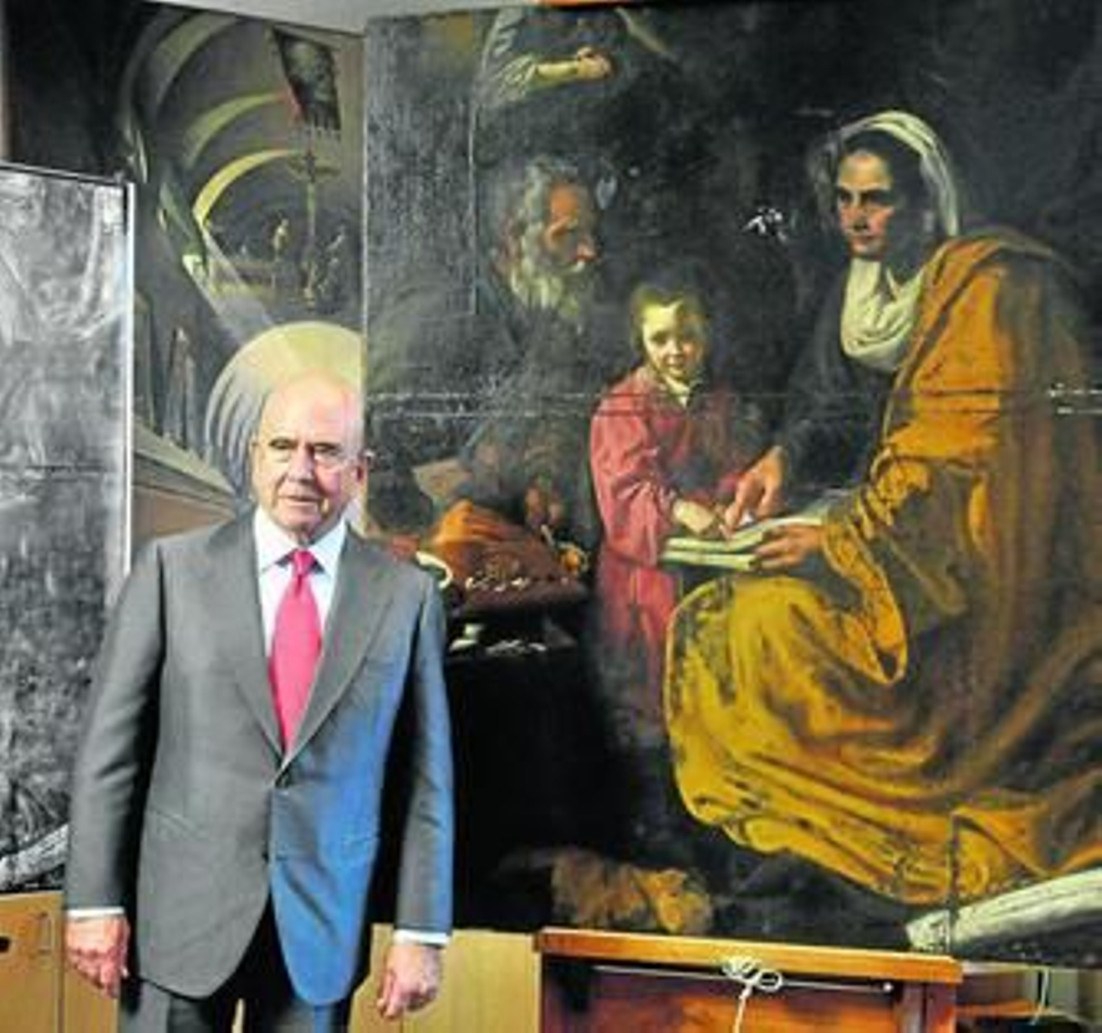 Botín, junto al cuadro 'La educación de la Virgen', descubierto en los almacenes de la Universidad de Yale.