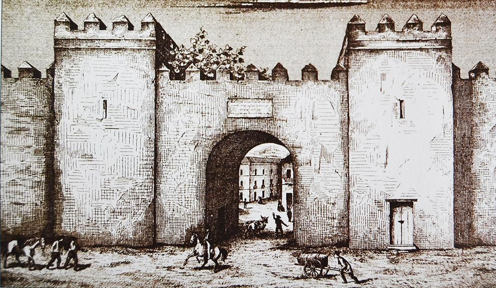 Tovar, B. (1878). Fachada exterior de la puerta del Osario. En Jiménez, Daniel (1999). Las Puertas de Sevilla. Una aproximación arqueológica. Sevilla: Guadalquivir Ediciones.