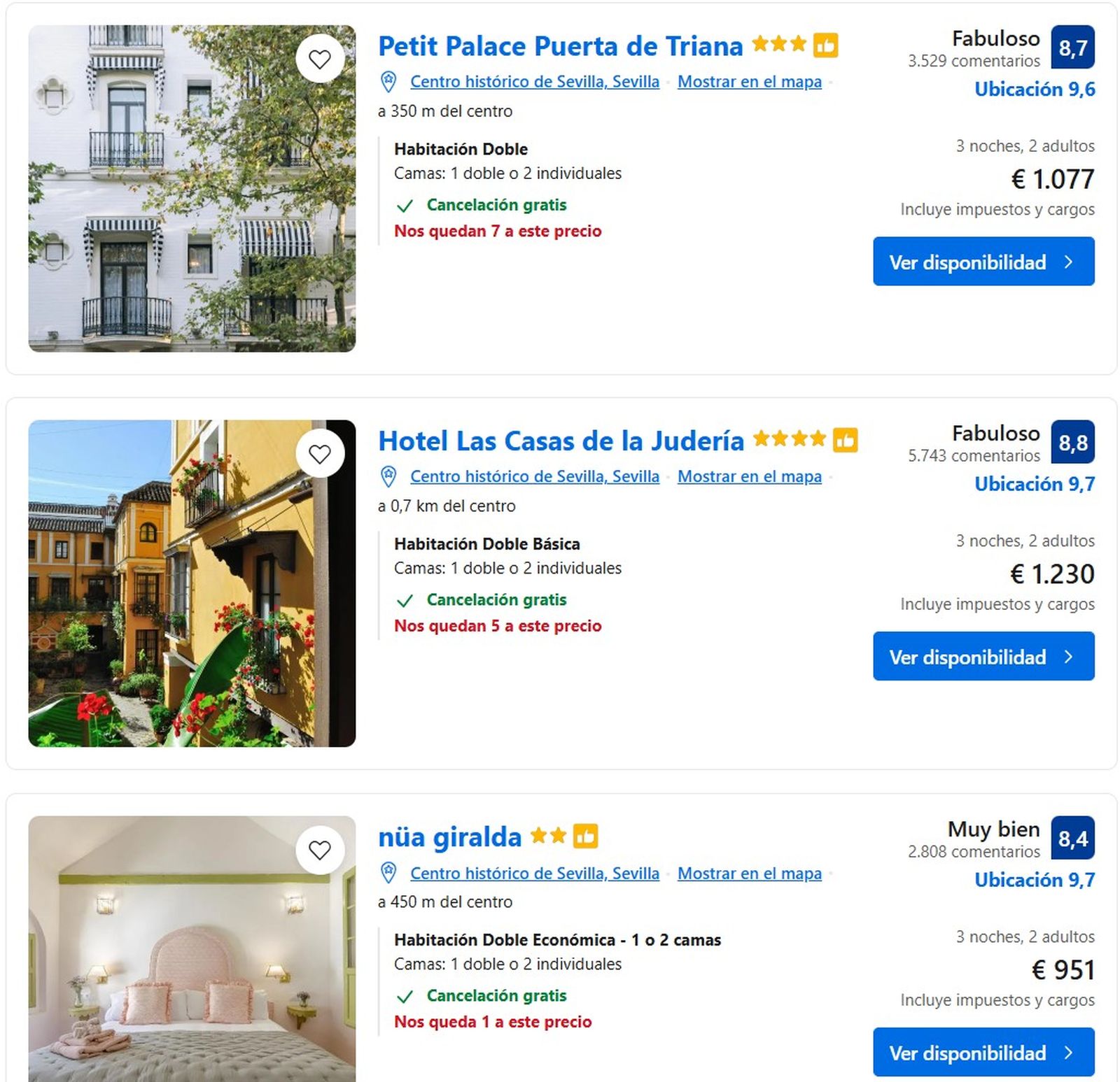 Hoteles disponibles en el Casco Antiguo del Jueves Santo al Domingo de Resurrección