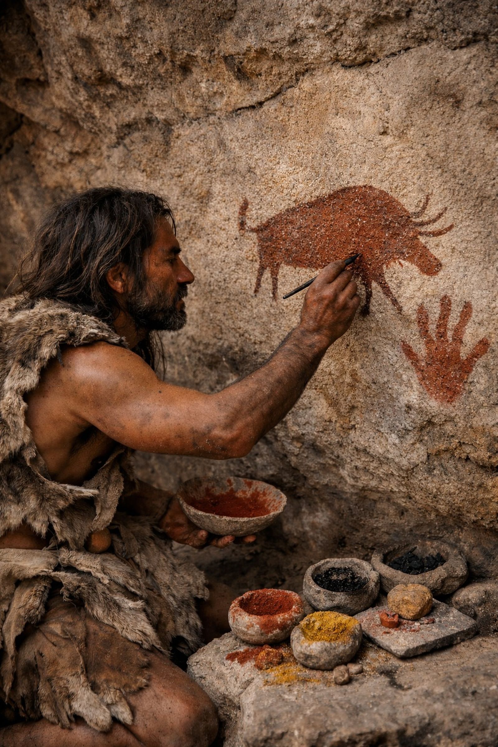 Aplicación del pigmento en la creación de arte rupestre.