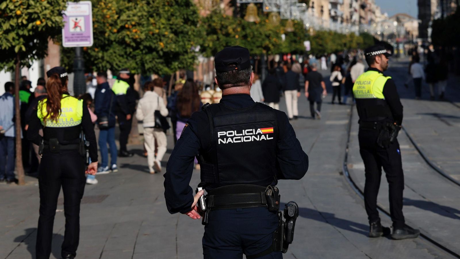 Policías nacionales y locales en la avenida de la Constitución.